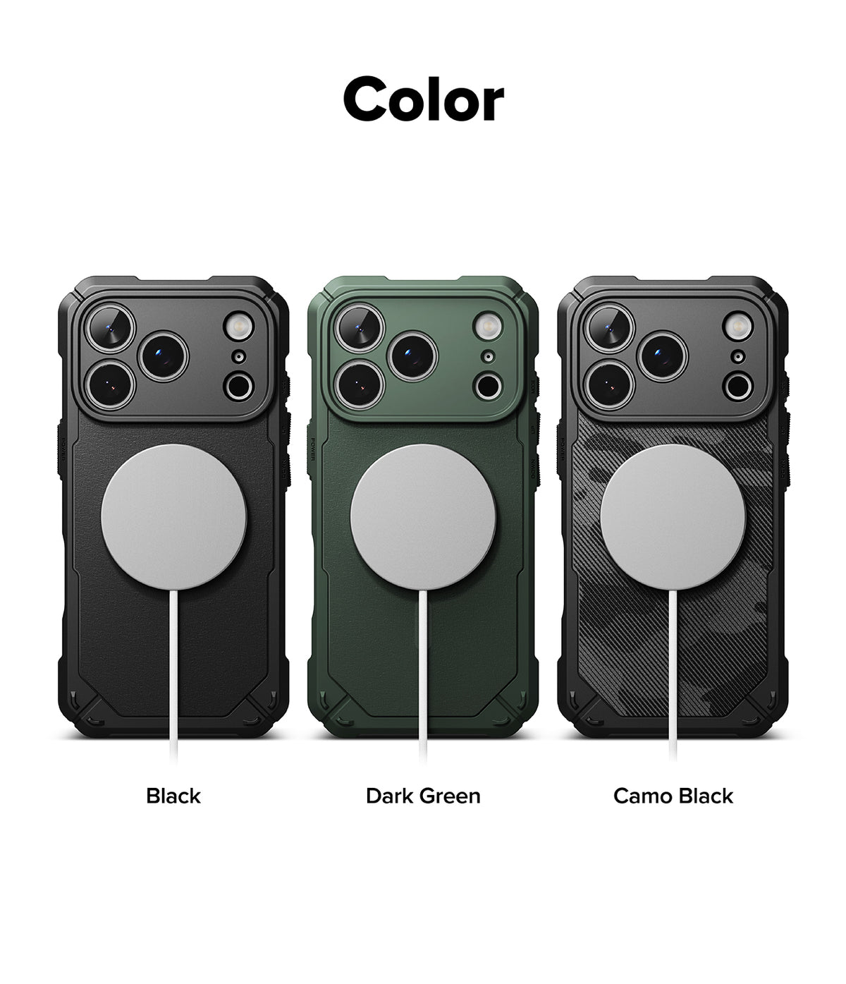 iPhone 17 Pro Max Case | Rugged Gear Magnetic - Three rugged phone cases in black, dark green, and camo black with MagSafe.