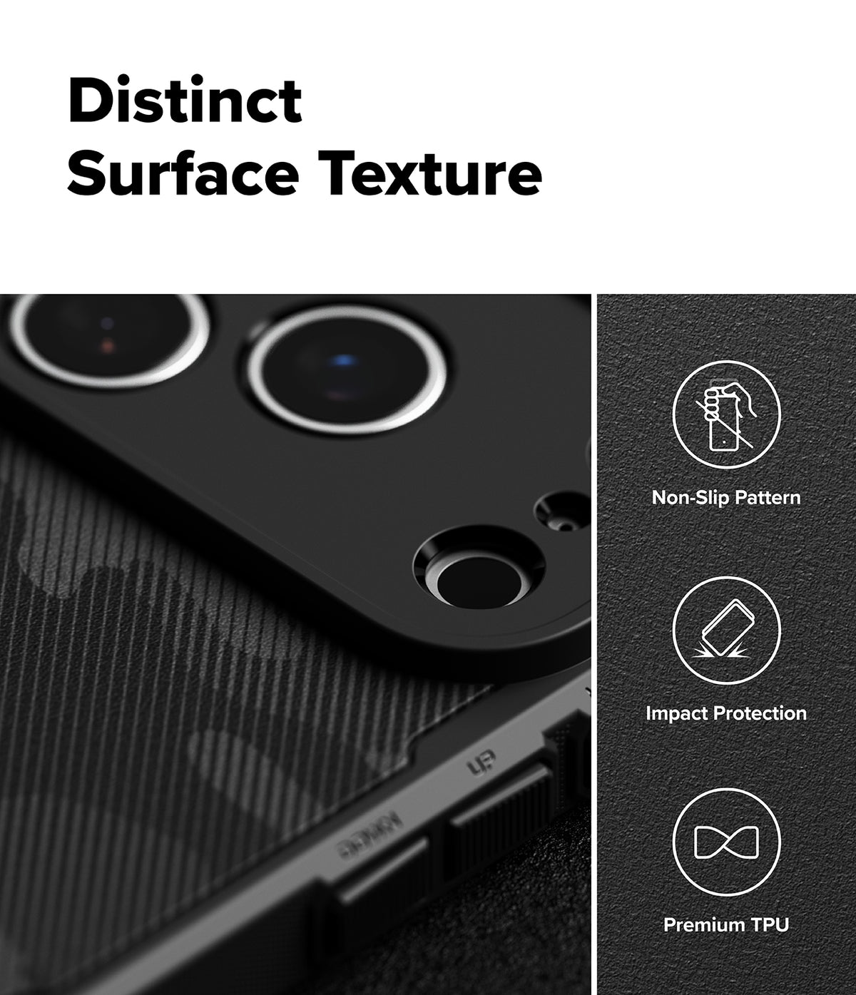 iPhone 17 Pro Max Case | Rugged Gear Magnetic - Close-up of textured phone case with icons for grip, impact, and TPU.