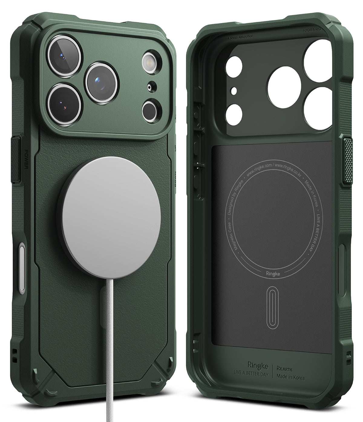 iPhone 17 Pro Max Case | Rugged Gear Magnetic - Dark green rugged phone case with magnetic charger and interior view.