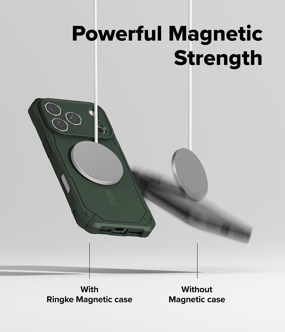iPhone 17 Pro Max Case | Rugged Gear Magnetic - A dark green phone case held by a magnet versus a falling phone.