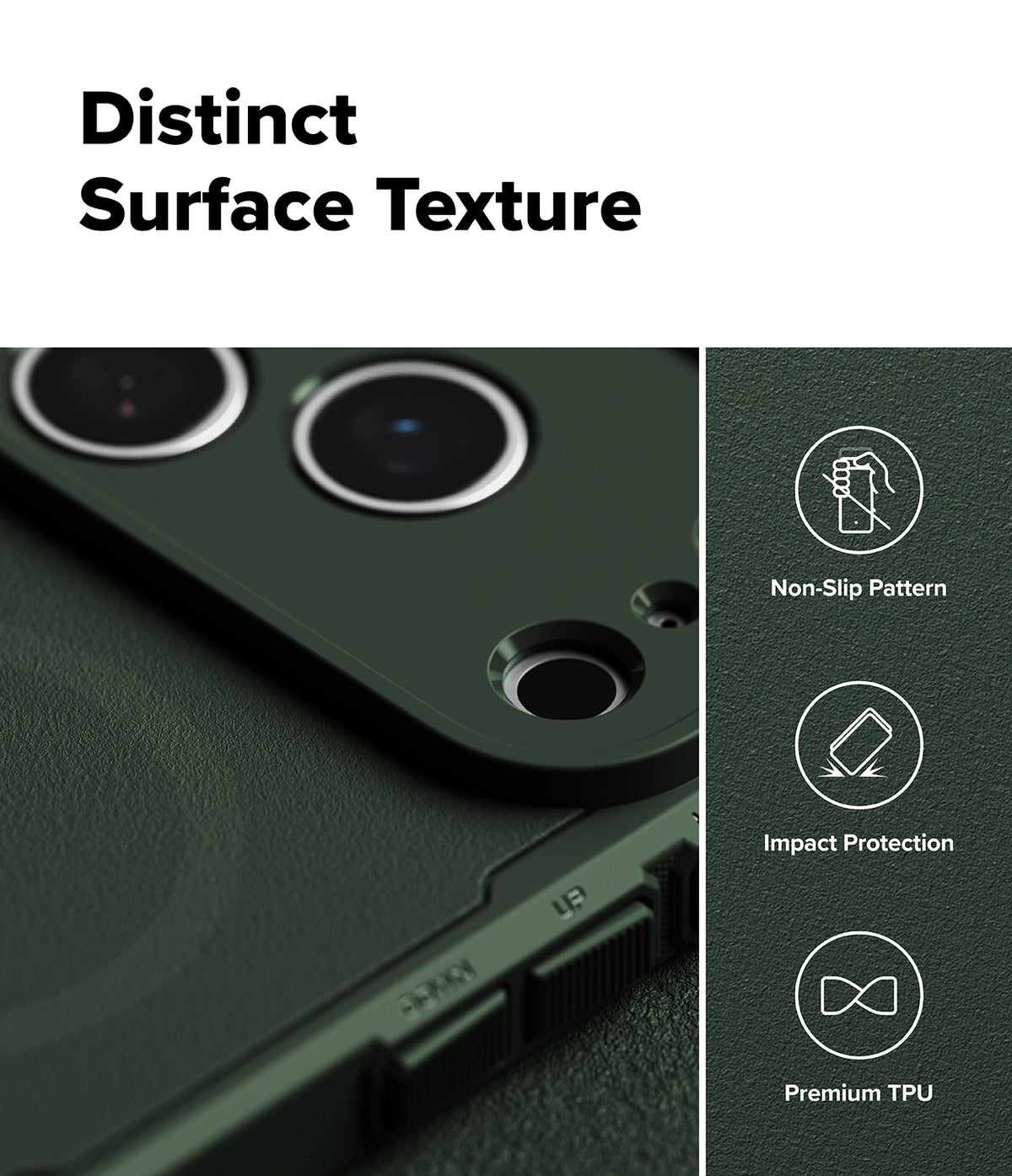 iPhone 17 Pro Max Case | Rugged Gear Magnetic - Close-up of green textured phone case with camera cutouts and icons.