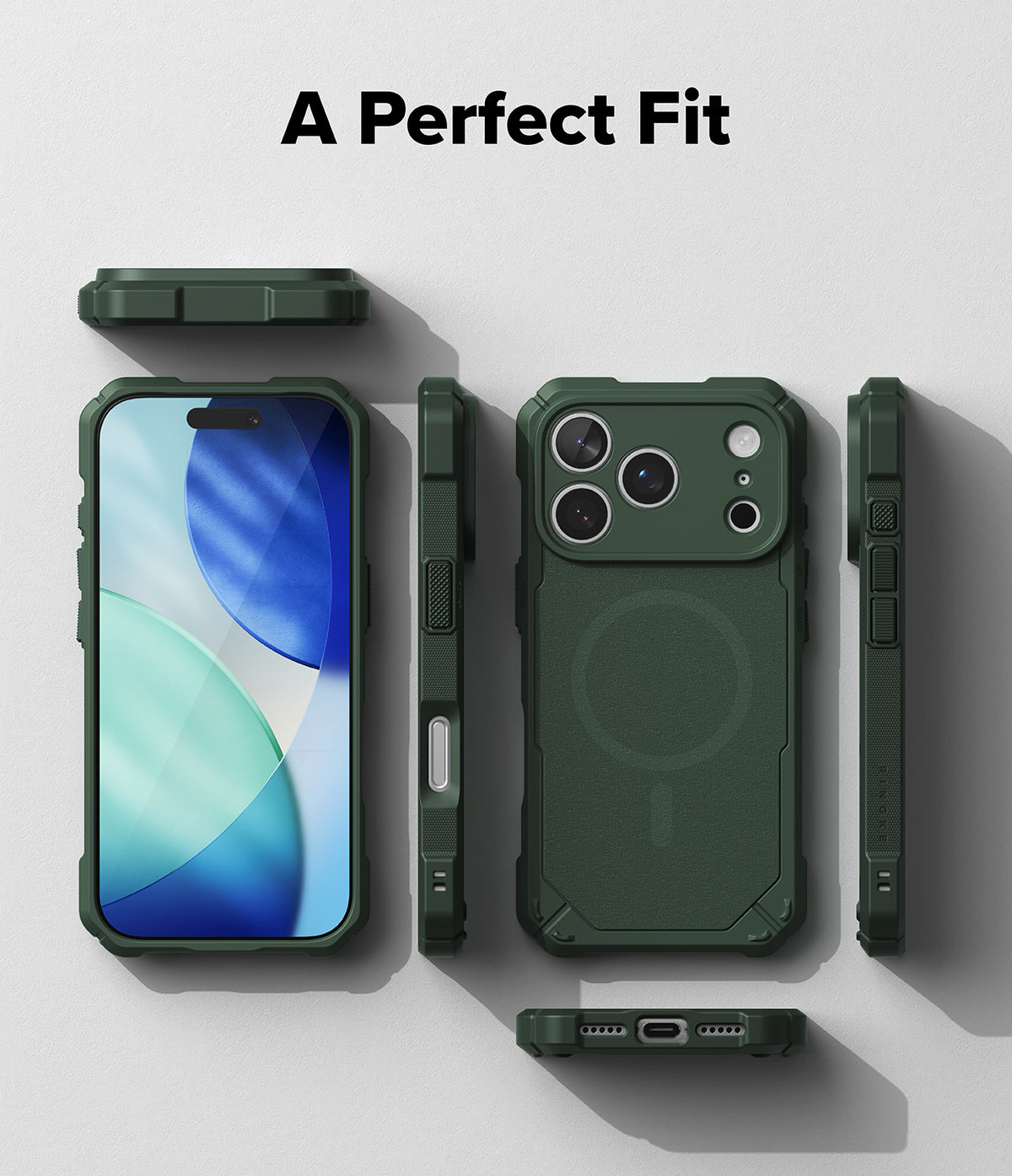 iPhone 17 Pro Max Case | Rugged Gear Magnetic - Dark green rugged phone case shown from multiple angles on light background.