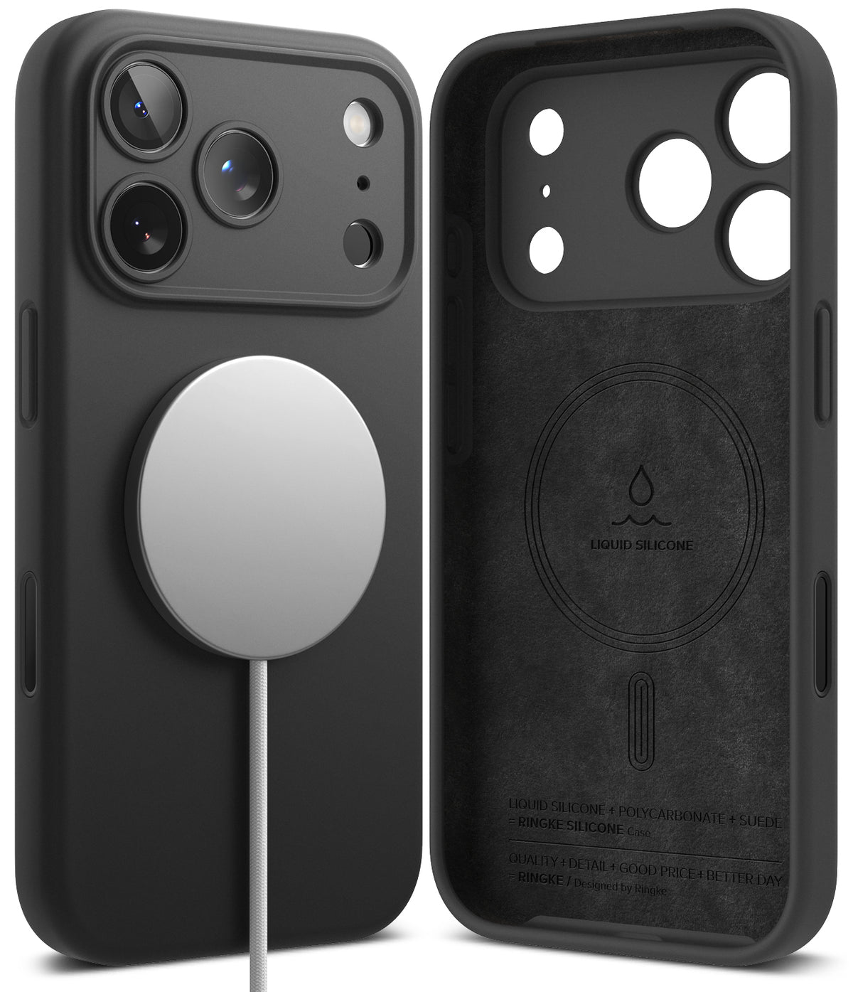 iPhone 17 Pro Max Case | Silicone Magnetic - Black silicone case for iPhone 17 Pro Max with magnetic charger and suede interior.