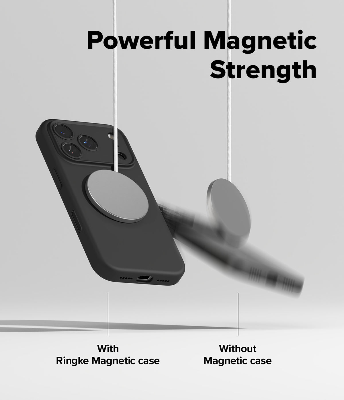 iPhone 17 Pro Max Case | Silicone Magnetic - A magnetic charger holds a phone in a case securely while another falls.