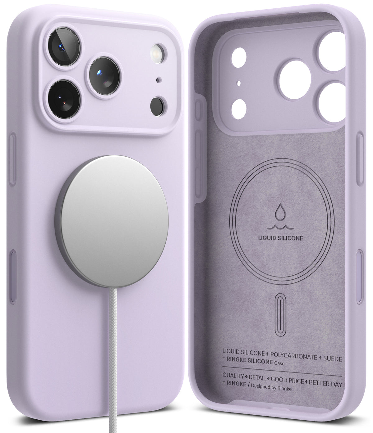 iPhone 17 Pro Max Case | Silicone Magnetic - Lavender silicone case with magnetic charger and suede-lined interior.