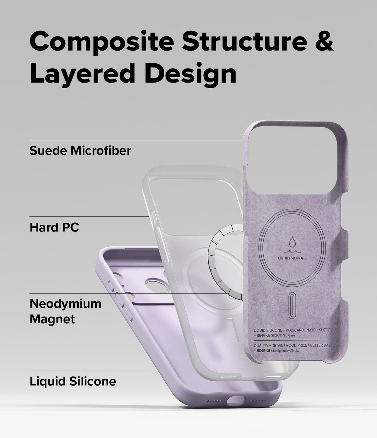 iPhone 17 Pro Max Case | Silicone Magnetic - Exploded view showing suede, hard PC, magnet, and liquid silicone layers.