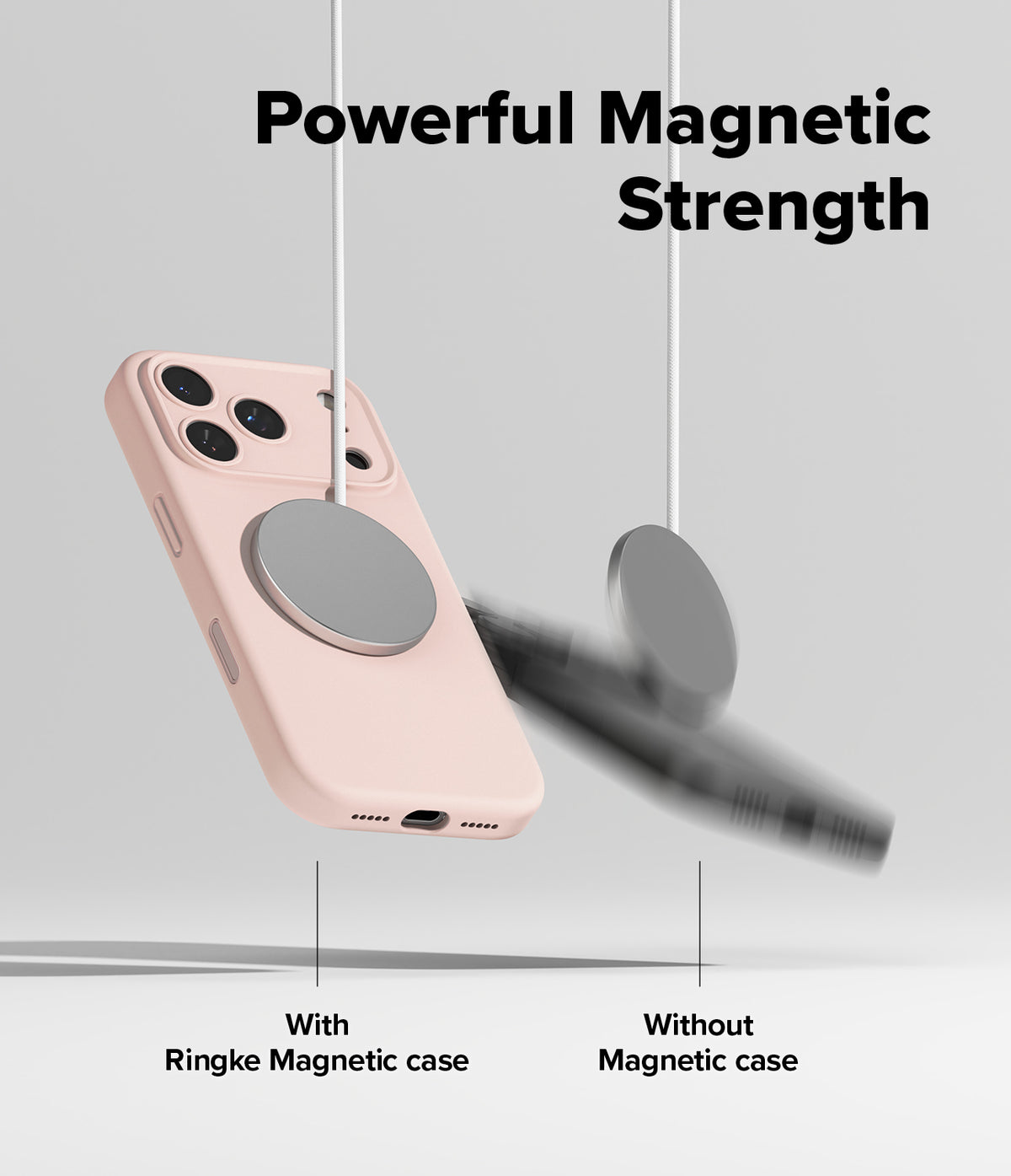 iPhone 17 Pro Max Case | Silicone Magnetic - A pink phone case magnetically attached to a charger, while a phone without a case falls.