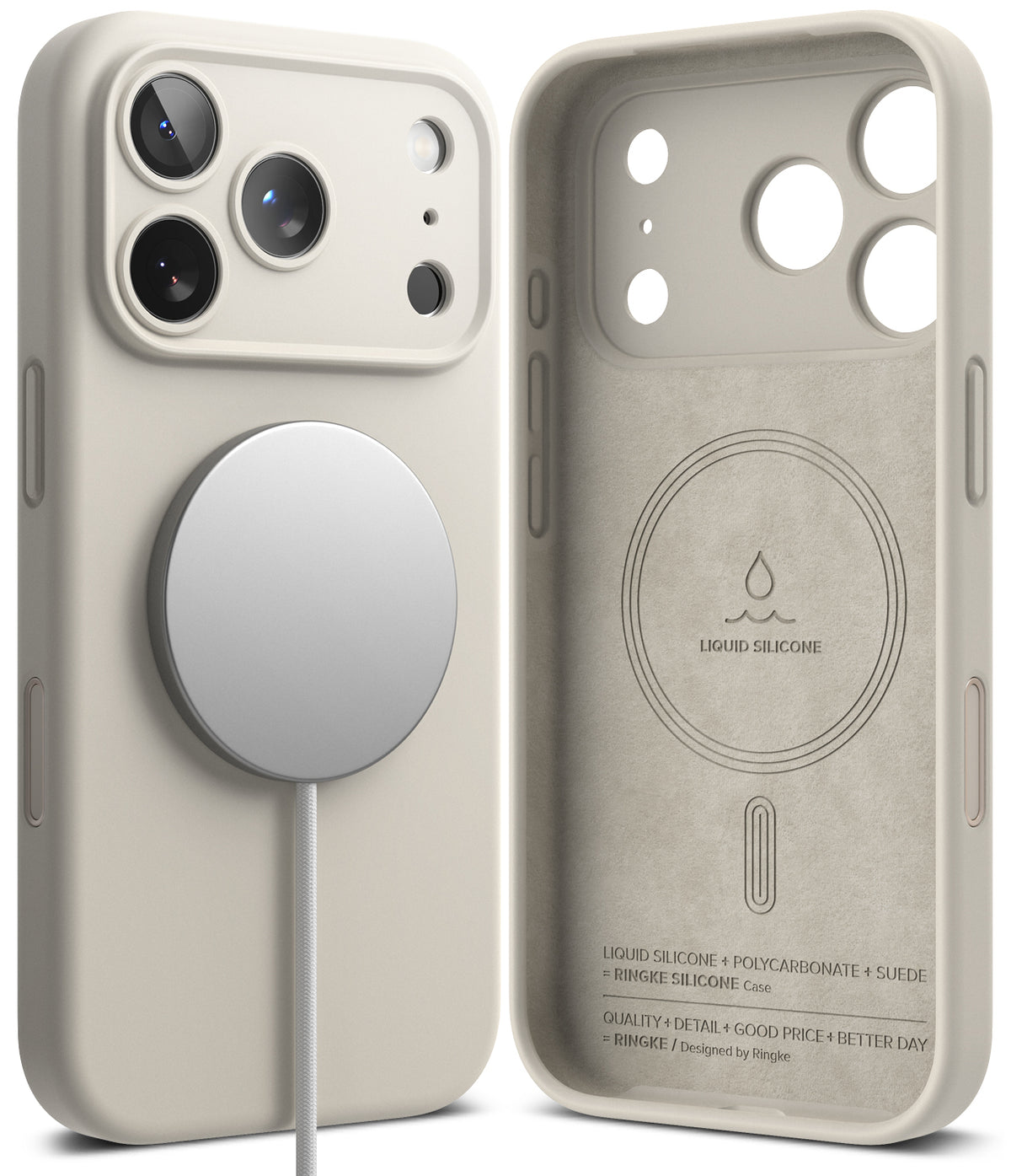 iPhone 17 Pro Max Case | Silicone Magnetic - Beige silicone magnetic phone case showing exterior with MagSafe charger and suede-lined interior.