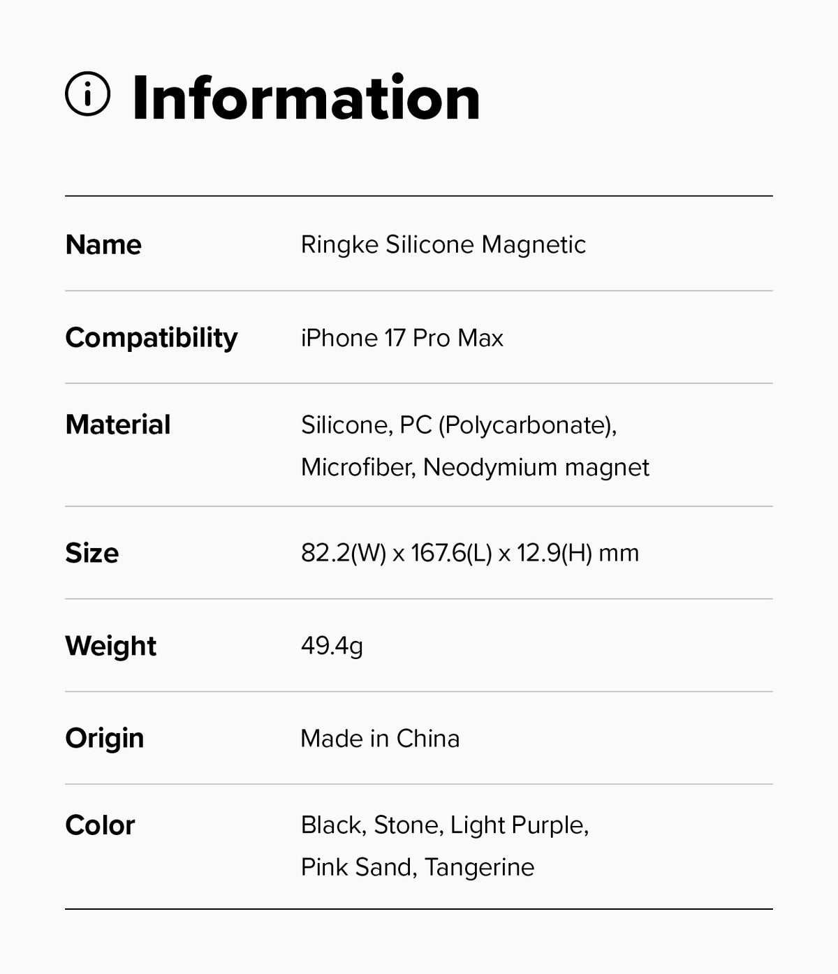 iPhone 17 Pro Max Case | Silicone Magnetic - Information table listing product name, compatibility, materials, dimensions, weight, origin, and color options.