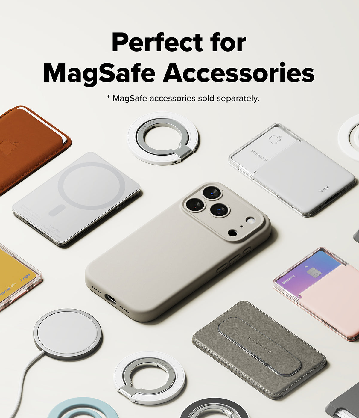 iPhone 17 Pro Max Case | Silicone Magnetic - Gray phone case surrounded by various MagSafe wallets, rings, and chargers.