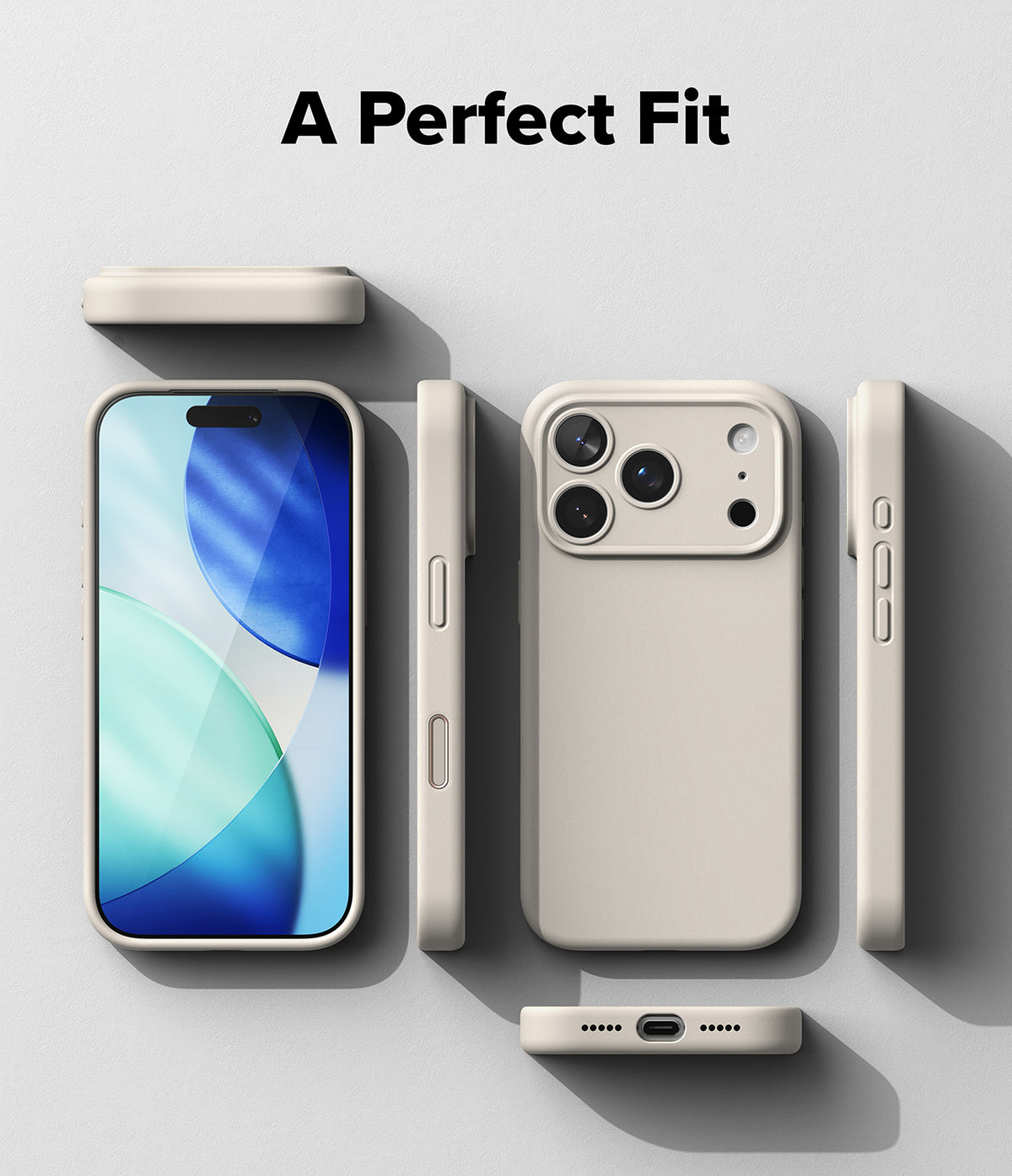 iPhone 17 Pro Max Case | Silicone Magnetic - Beige silicone case shown from front, back, and side angles on a gray background.