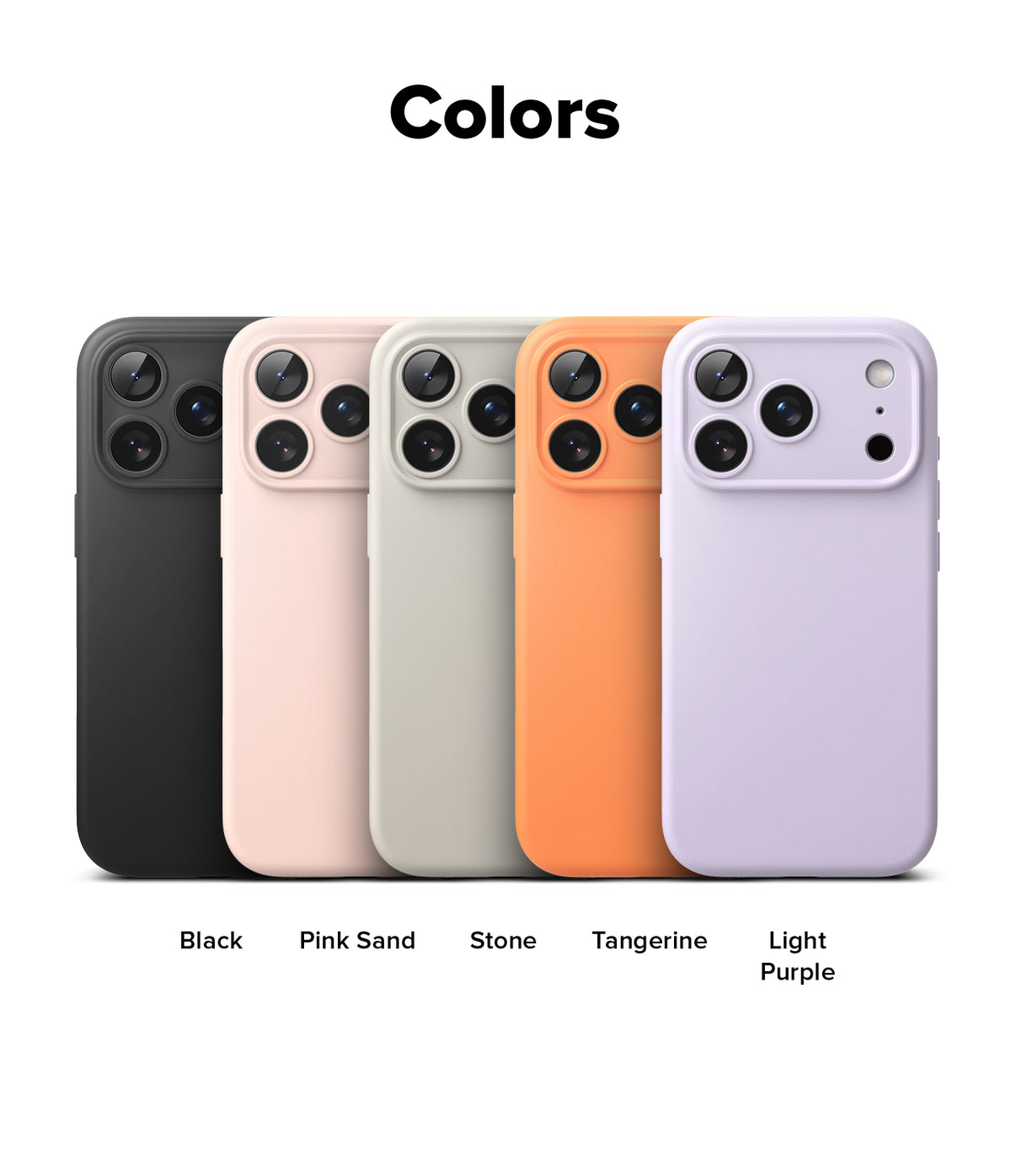 iPhone 17 Pro Max Case | Silicone Magnetic - Five silicone phone cases in black, pink sand, stone, tangerine, and light purple.