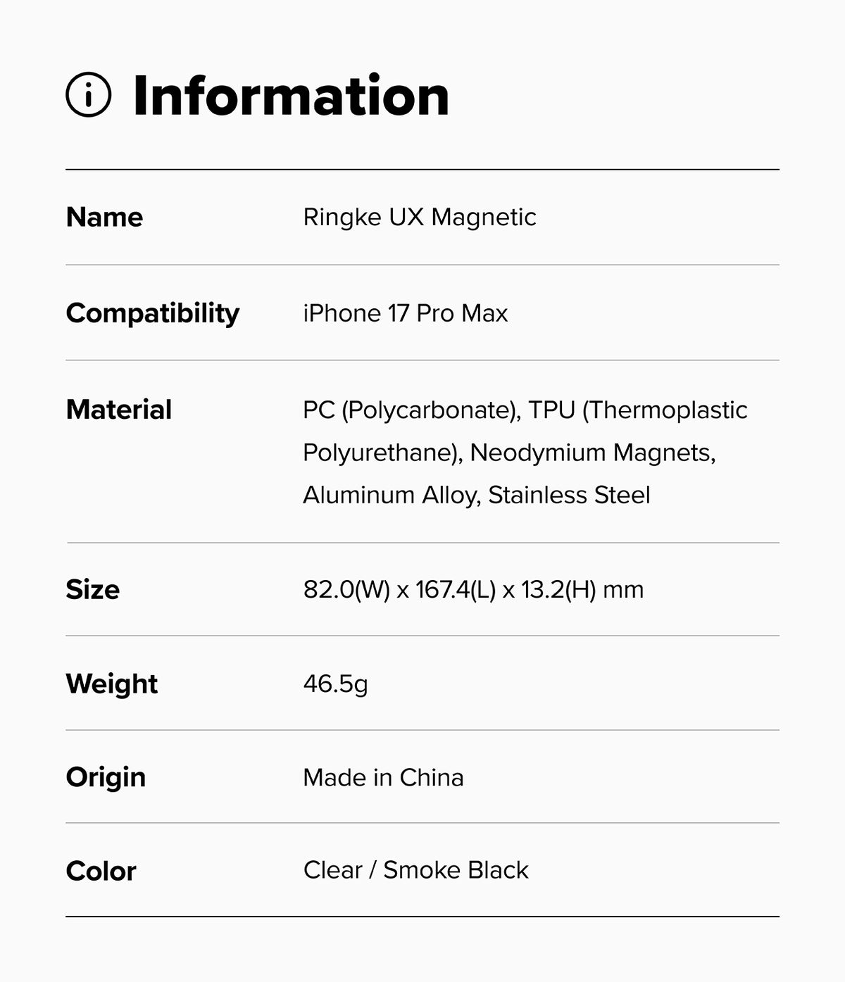 iPhone 17 Pro Max Case | UX Magnetic - Information table listing product name, compatibility, materials, size, weight, origin, and color.
