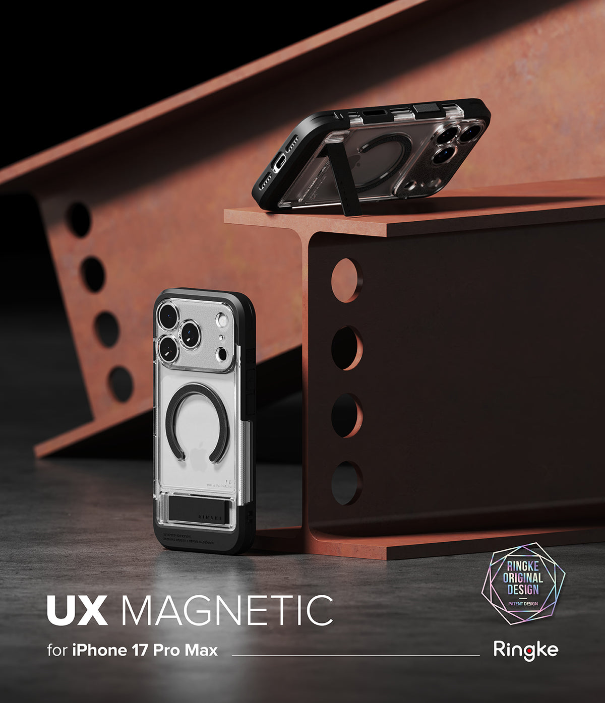 iPhone 17 Pro Max Case | UX Magnetic - Two clear magnetic phone cases with kickstands displayed on industrial steel beams.