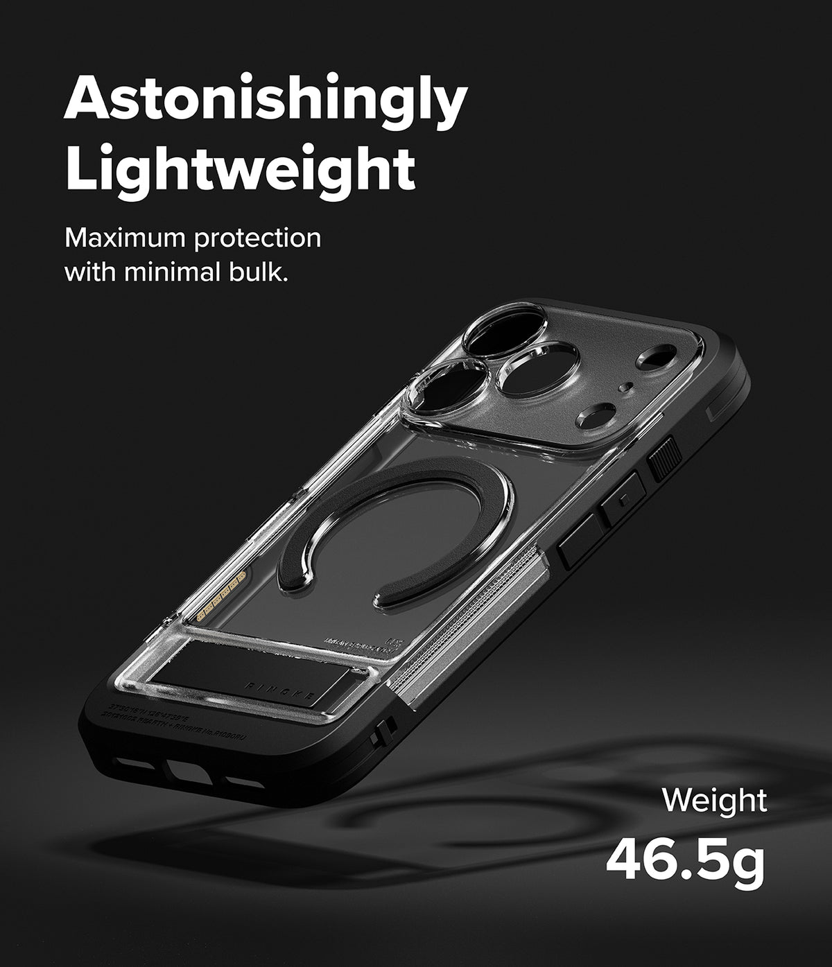 iPhone 17 Pro Max Case | UX Magnetic - Clear phone case with black magnetic ring and kickstand on a dark background.
