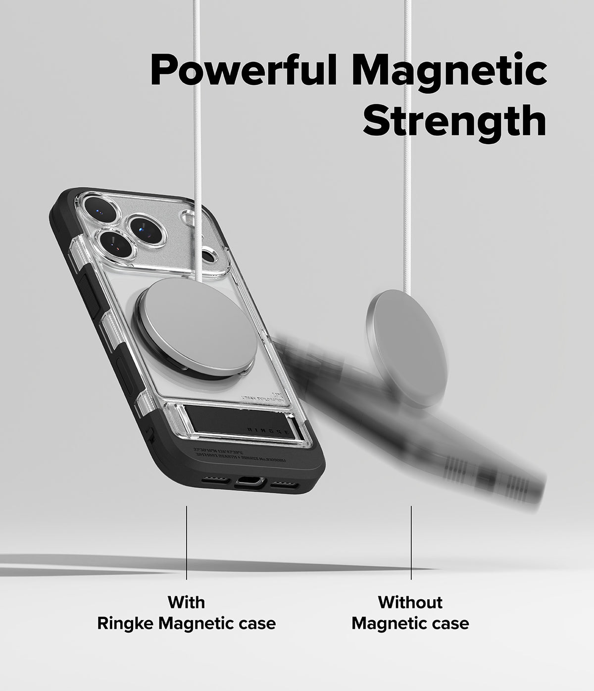 iPhone 17 Pro Max Case | UX Magnetic - A magnetic case holding a phone securely while a phone without one falls away.