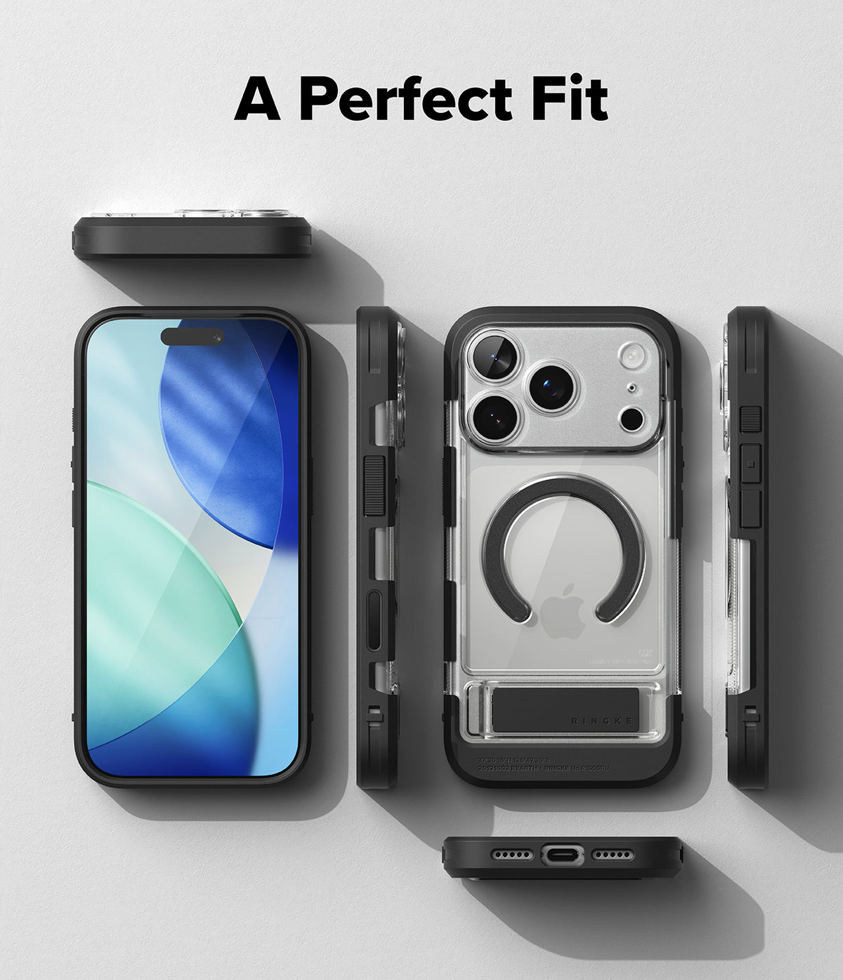 iPhone 17 Pro Max Case | UX Magnetic - Multiple views of a clear, black-framed magnetic phone case with a built-in stand.