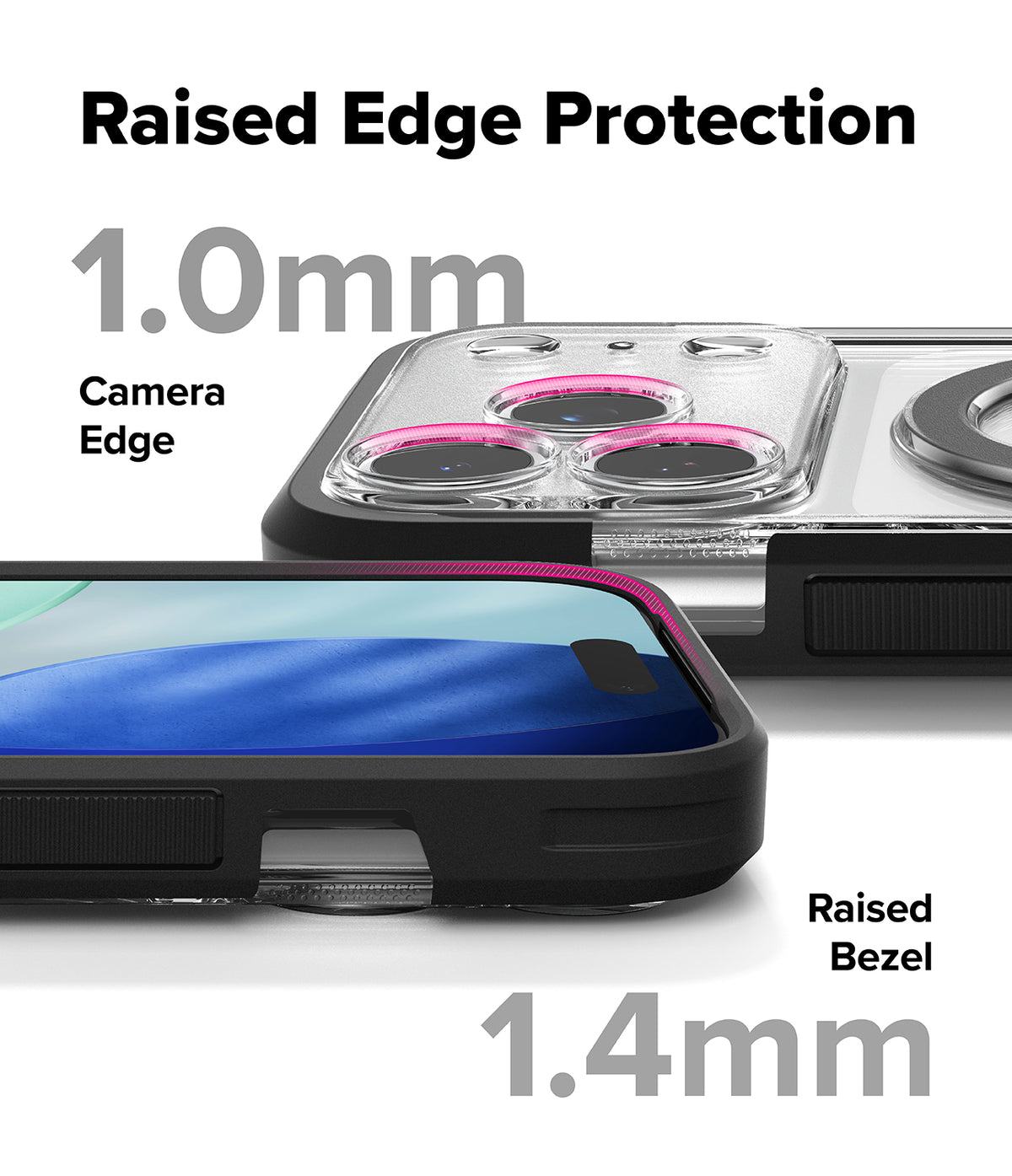iPhone 17 Pro Max Case | UX Magnetic - Close-up showing 1.0mm camera edge and 1.4mm screen bezel protection on a phone case.