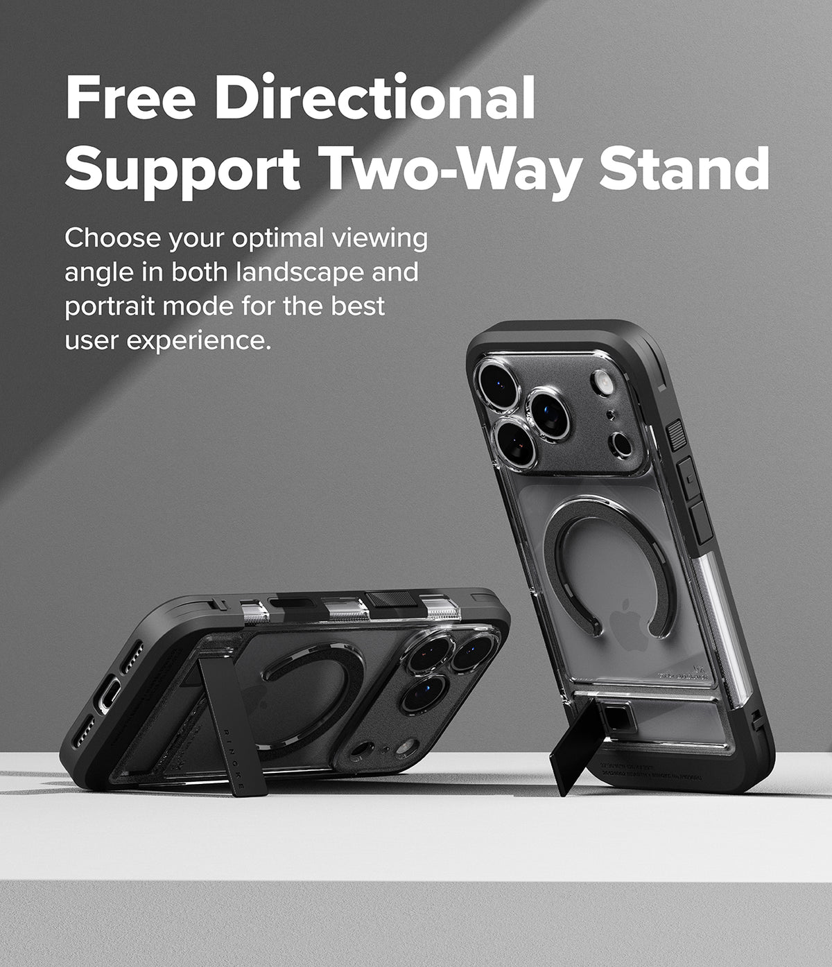 iPhone 17 Pro Max Case | UX Magnetic - Two phones in magnetic cases with integrated kickstands in landscape and portrait.