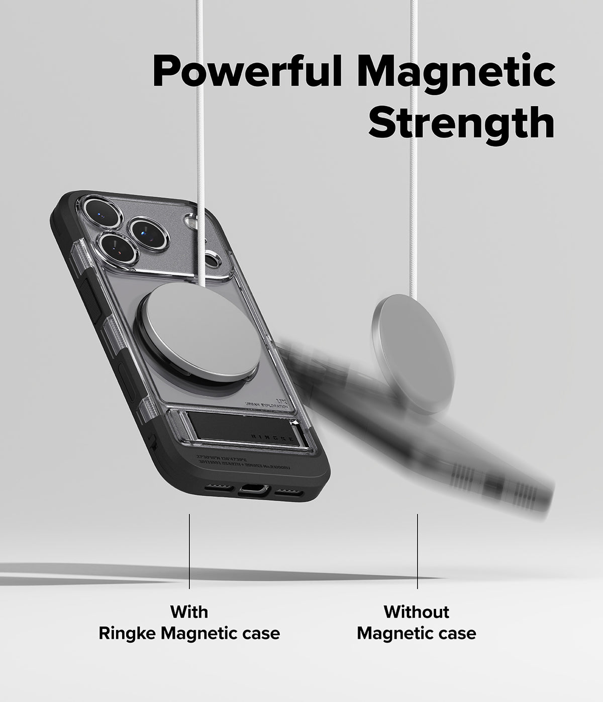 iPhone 17 Pro Max Case | UX Magnetic - A magnetic disc sticks to a phone case while falling off a phone without one.