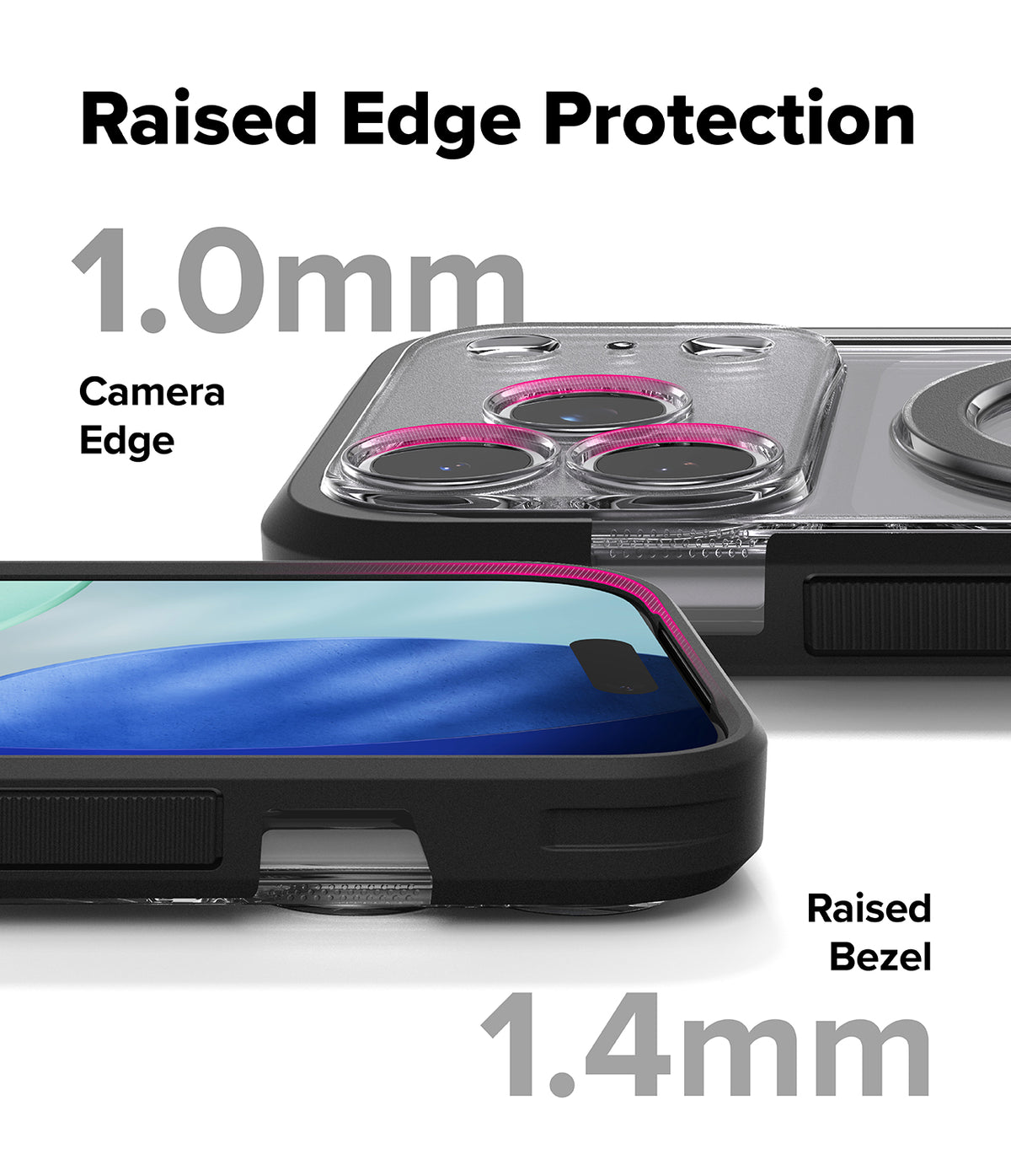 iPhone 17 Pro Max Case | UX Magnetic - Close-up of phone case showing 1.0mm camera edge and 1.4mm screen bezel protection.