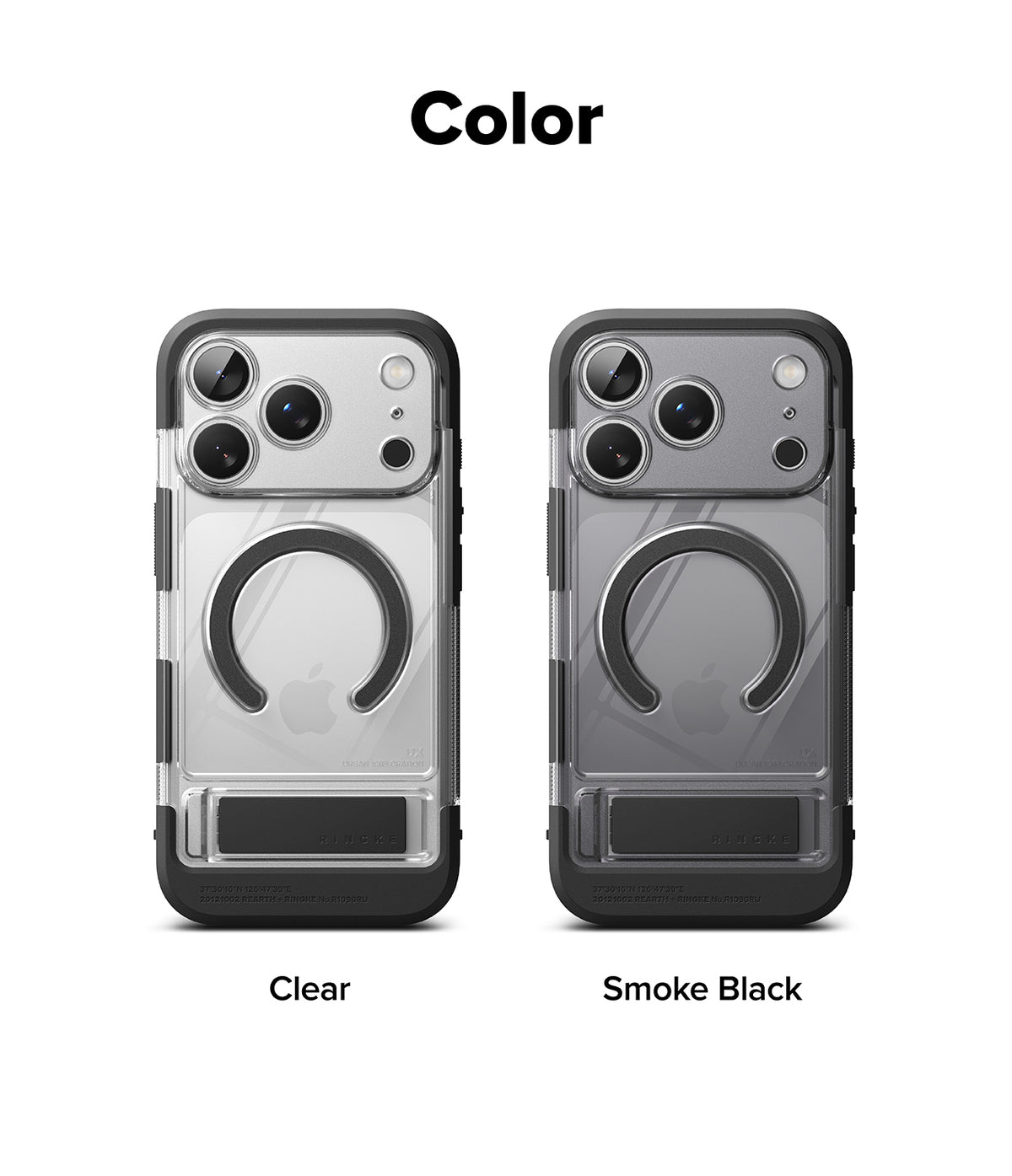 iPhone 17 Pro Max Case | UX Magnetic - Two magnetic phone cases in Clear and Smoke Black side-by-side.