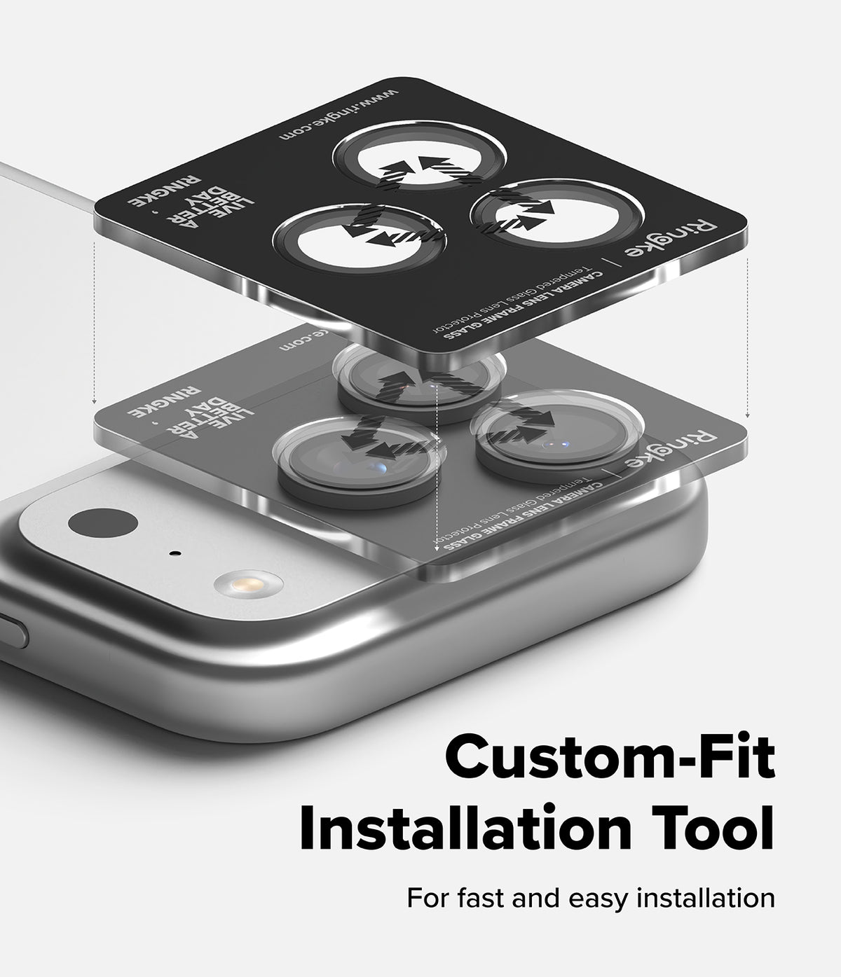 iPhone 17 Pro Max / 17 Pro | Camera Lens Frame Glass - Camera lens tempered glass protector being aligned and installed onto a smartphone camera.