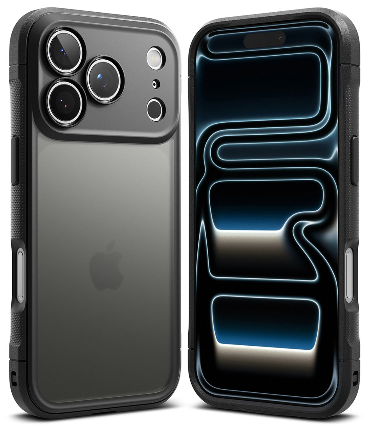 iPhone 17 Pro Max Case | Fusion Bold Matte - Matte black protective case shown from back and front with abstract wallpaper.