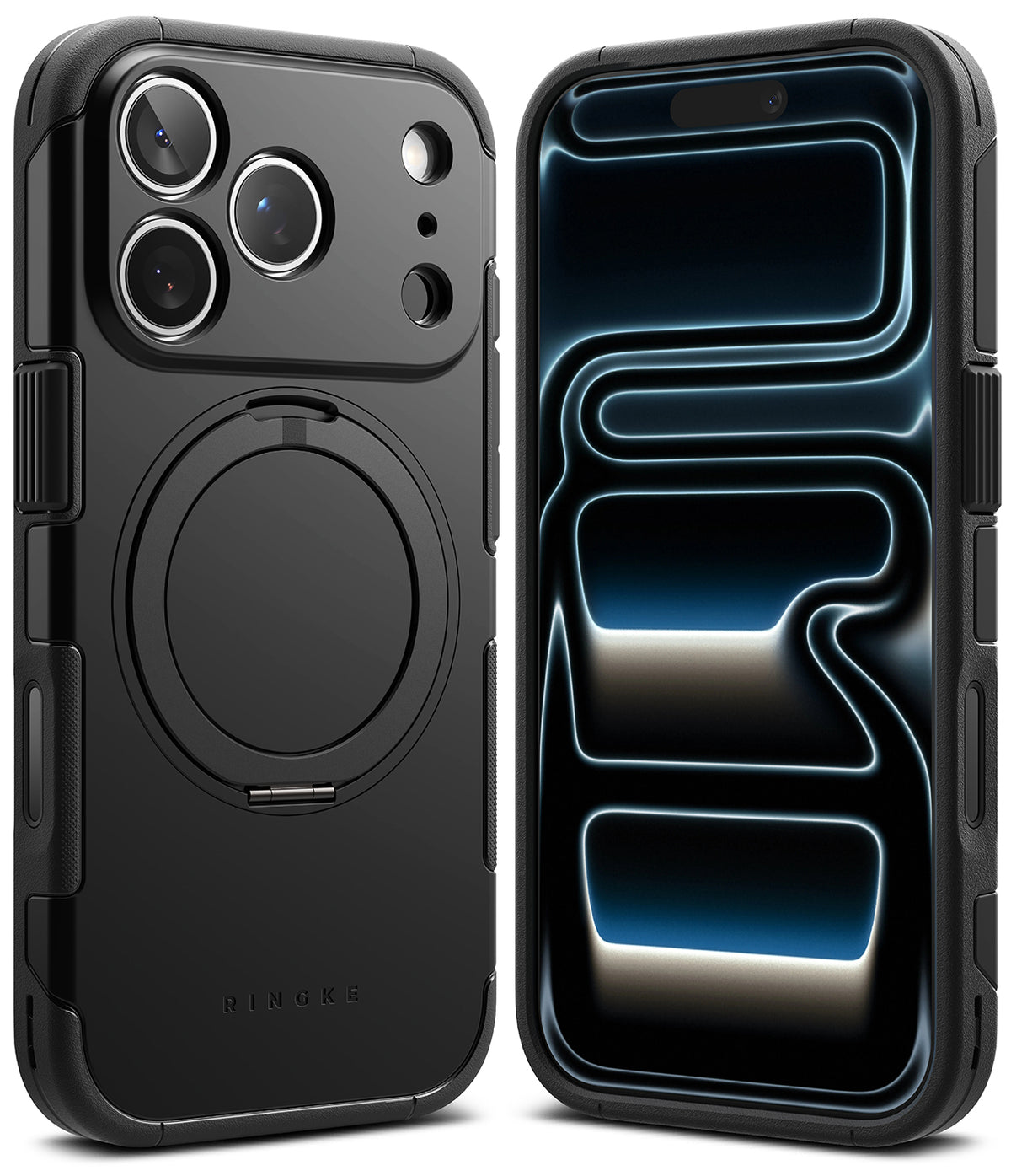 iPhone 17 Pro Case | Alles - Black protective phone case with a circular kickstand on the back and a sleek front screen view.