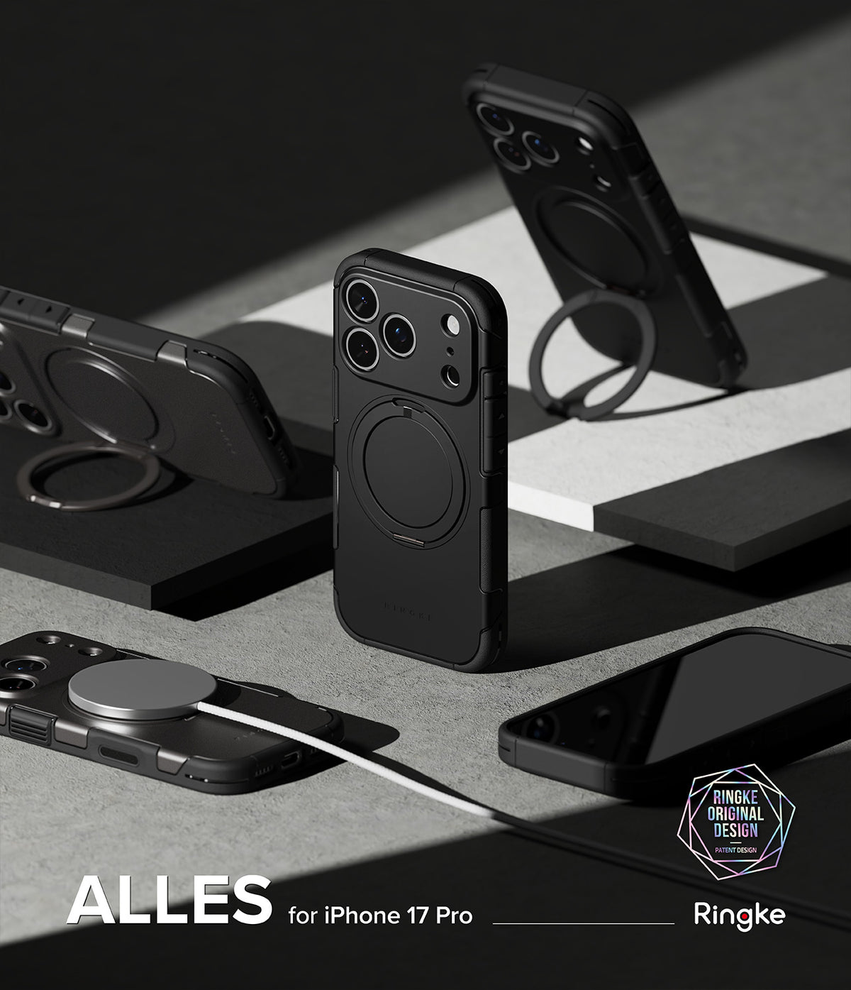 iPhone 17 Pro Case | Alles - Multiple black iPhone 17 Pro cases with integrated ring stands and magnetic charging on a geometric surface.