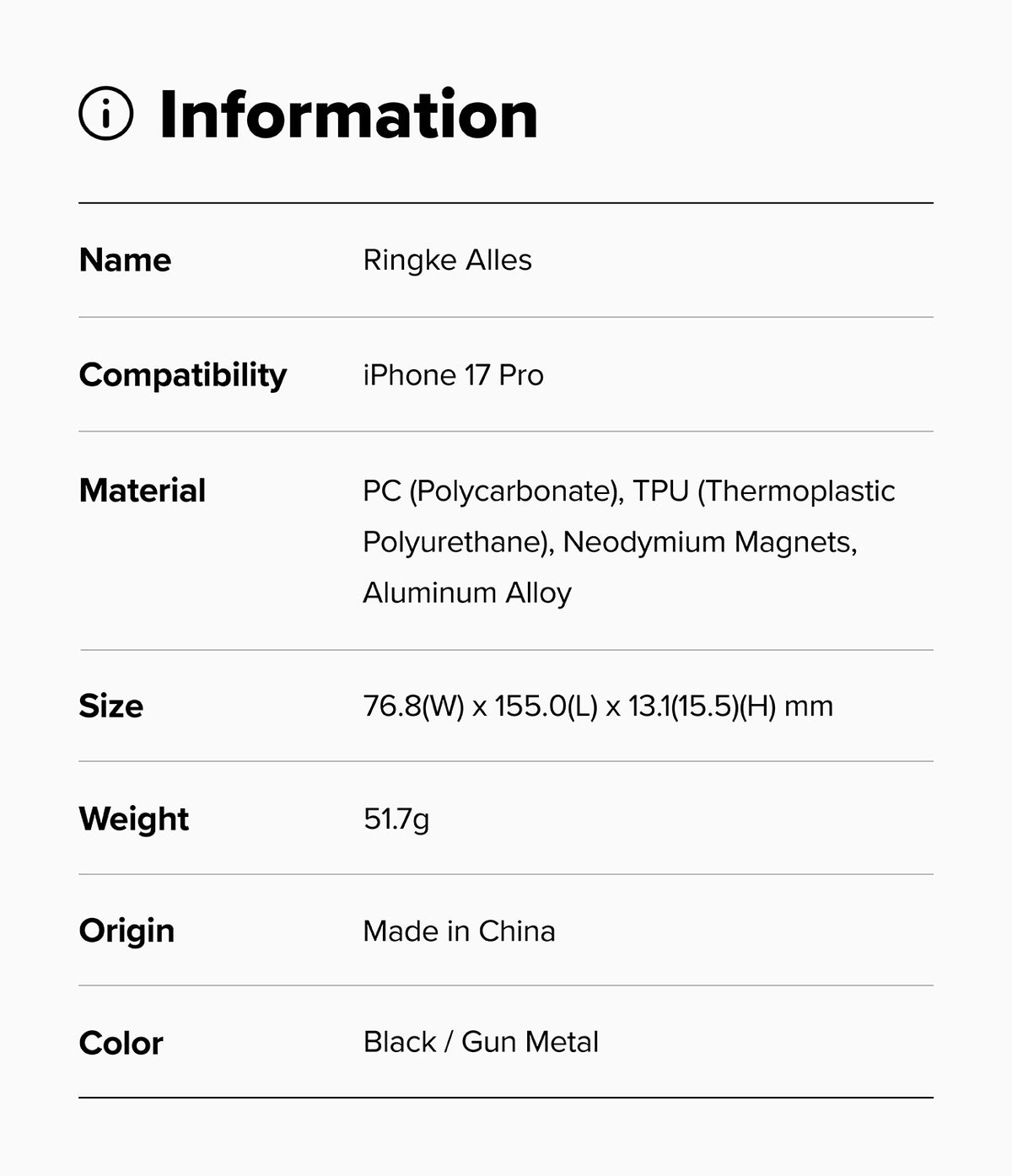 iPhone 17 Pro Case | Alles - Specification table listing product name, compatibility, materials, size, weight, and color.