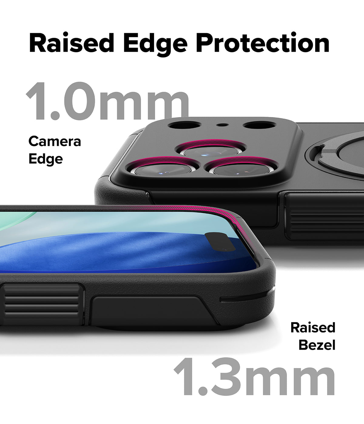 iPhone 17 Pro Case | Alles - Close-up of phone case showing 1.0mm camera edge and 1.3mm screen bezel protection.