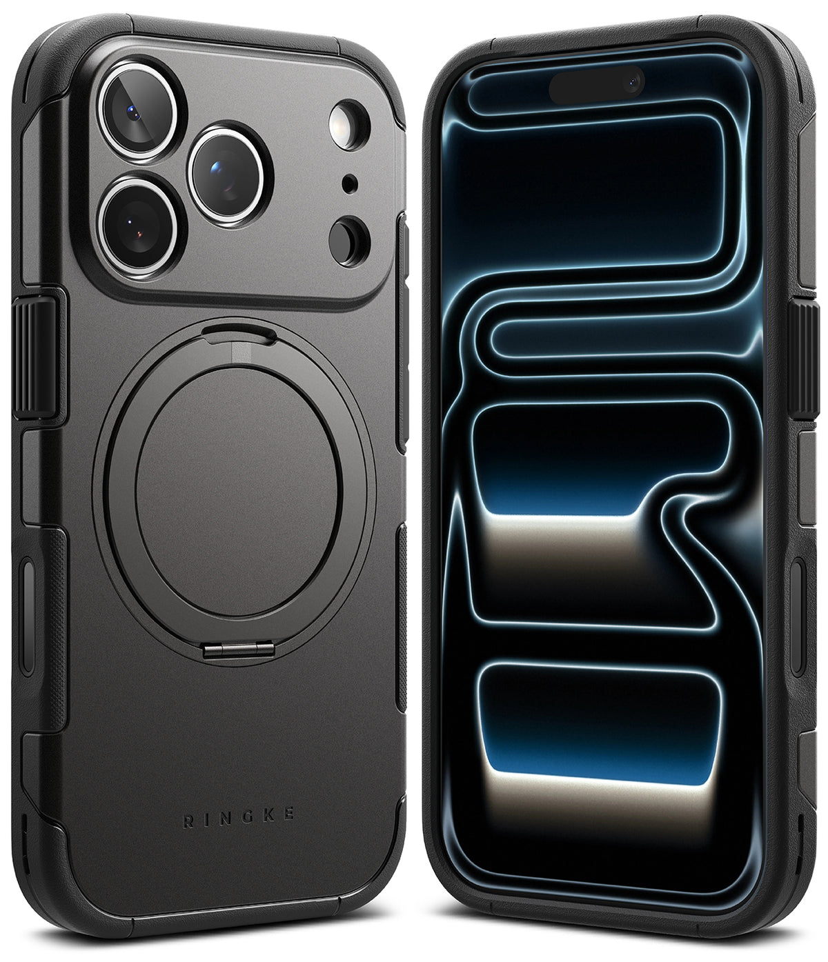 iPhone 17 Pro Case | Alles - Matte black rugged phone case with a circular magnetic mount and front view showing a glowing screen.