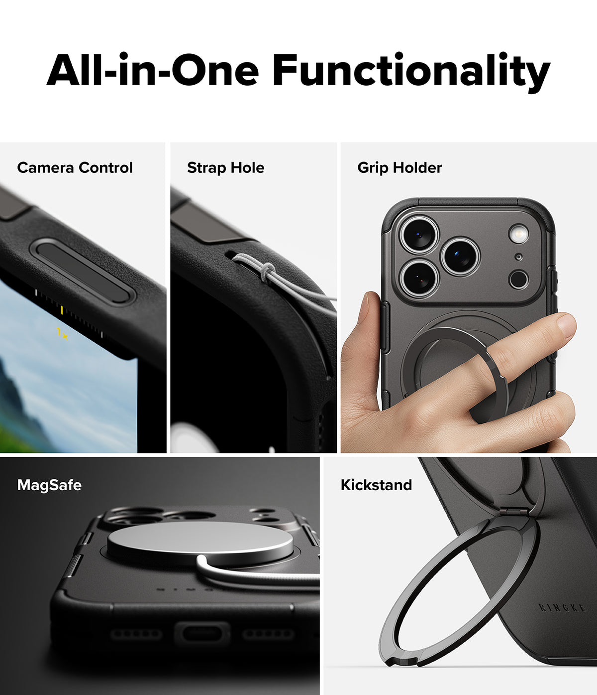 iPhone 17 Pro Case | Alles - Features showing camera control, strap hole, finger grip, MagSafe charging, and kickstand.