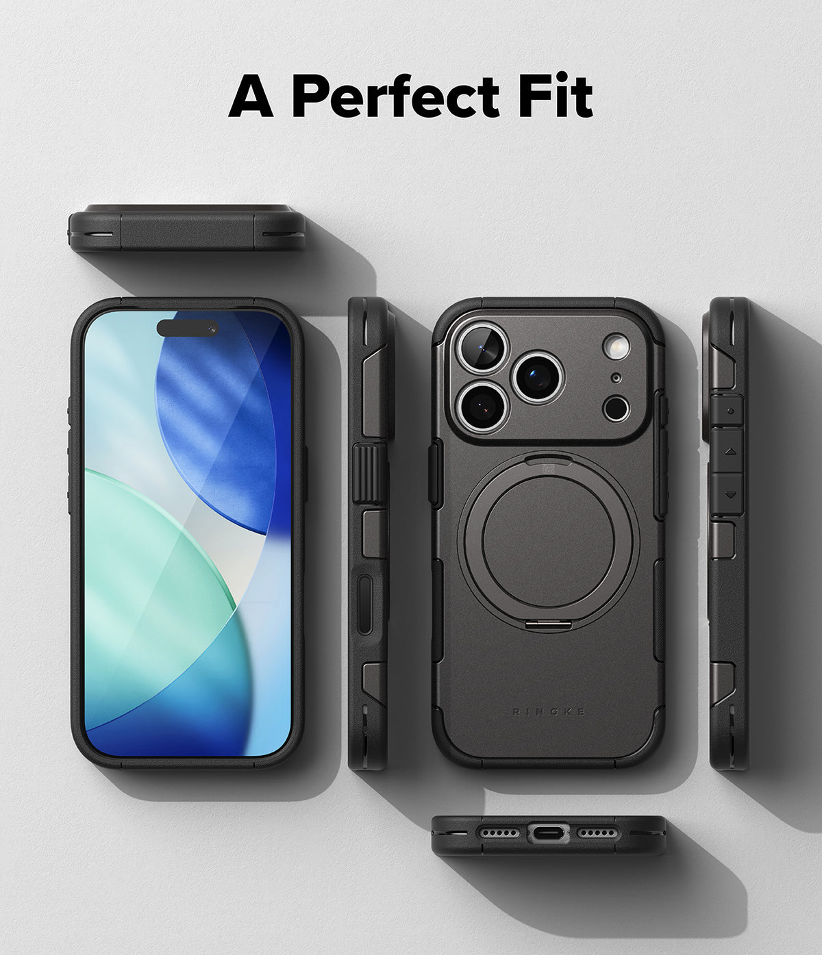 iPhone 17 Pro Case | Alles - Black protective phone case shown from multiple angles with a MagSafe ring on the back.