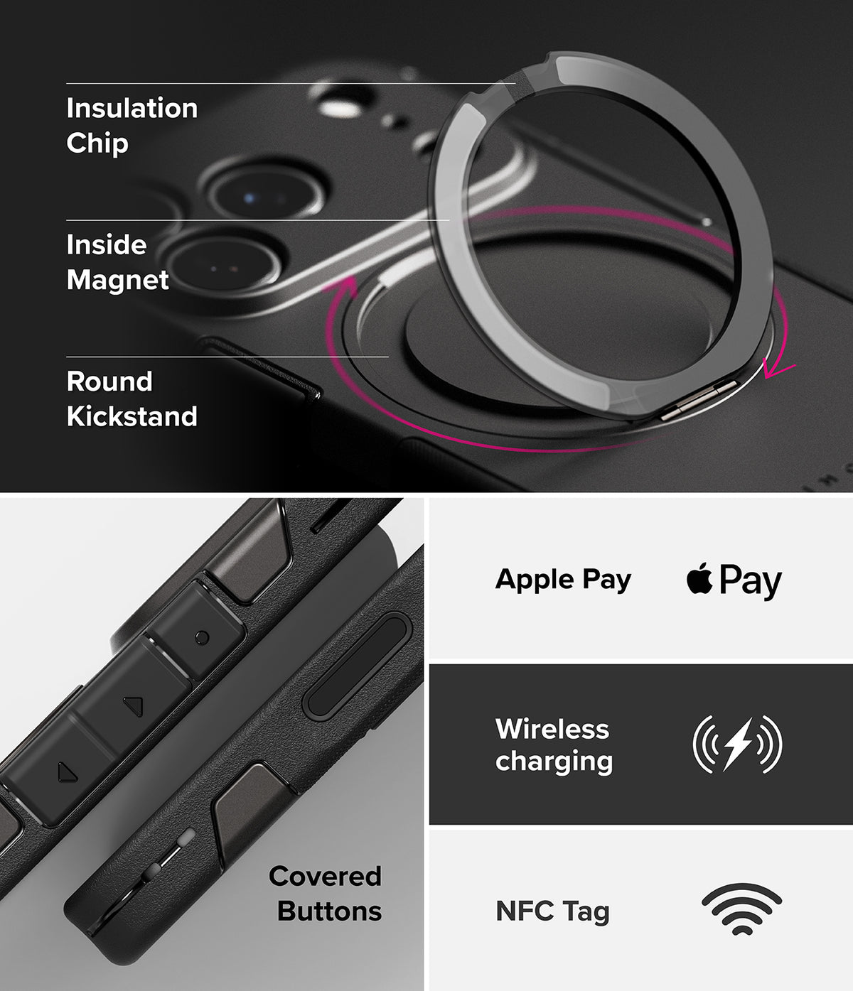 iPhone 17 Pro Case | Alles - Features of a black phone case including a magnetic kickstand, covered buttons, and NFC support.