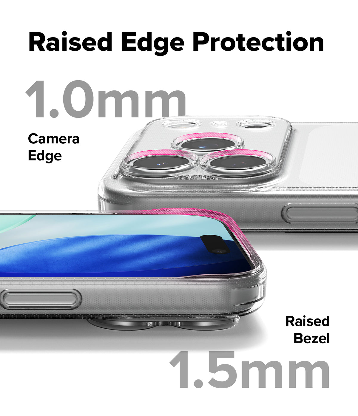 iPhone 17 Pro Case | Air - Clear phone case showing 1.0mm raised camera edges and 1.5mm raised screen bezels highlighted in pink.