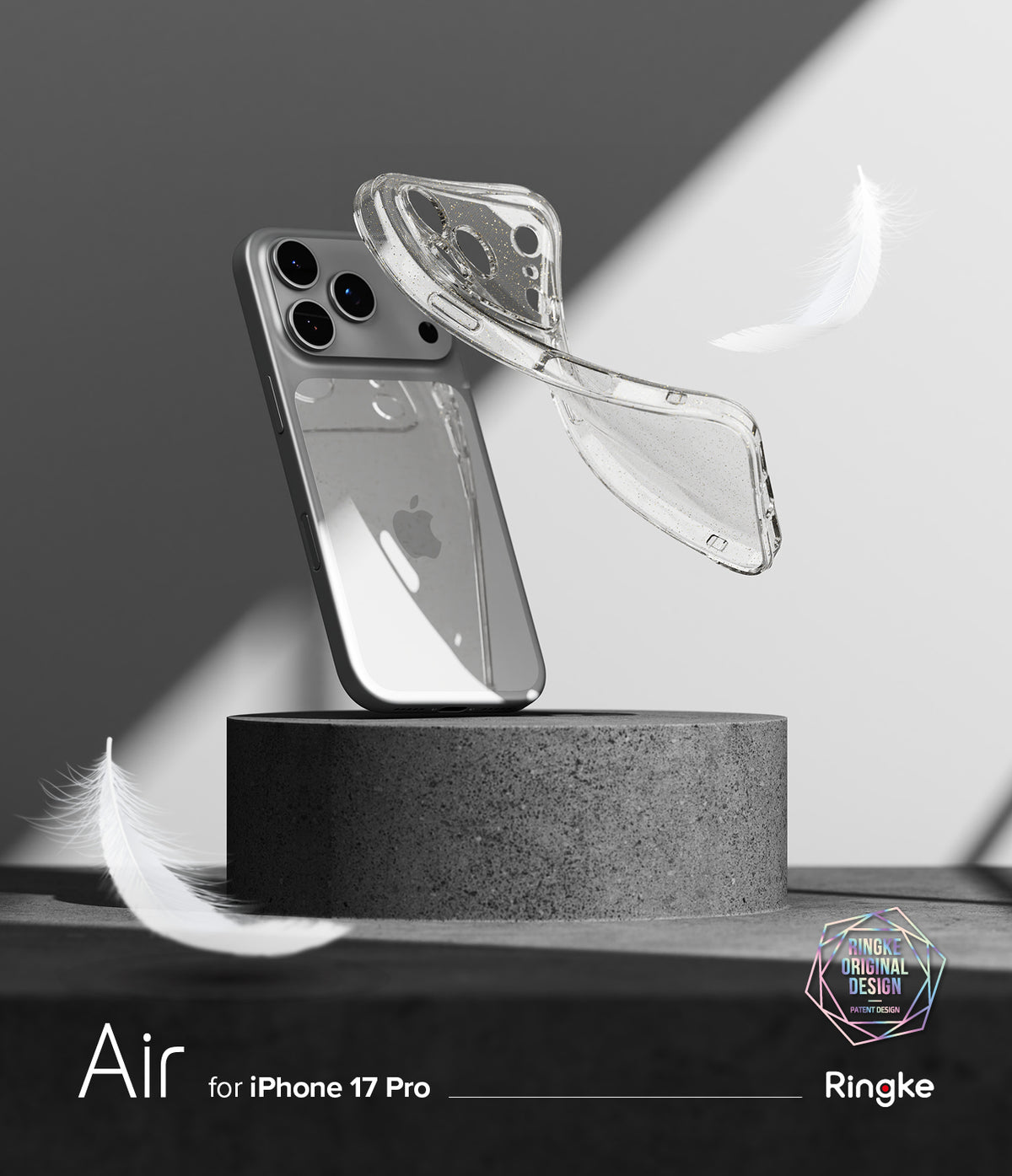iPhone 17 Pro Case | Air - A clear, flexible phone case floating above an iPhone 17 Pro on a stone pedestal with white feathers.