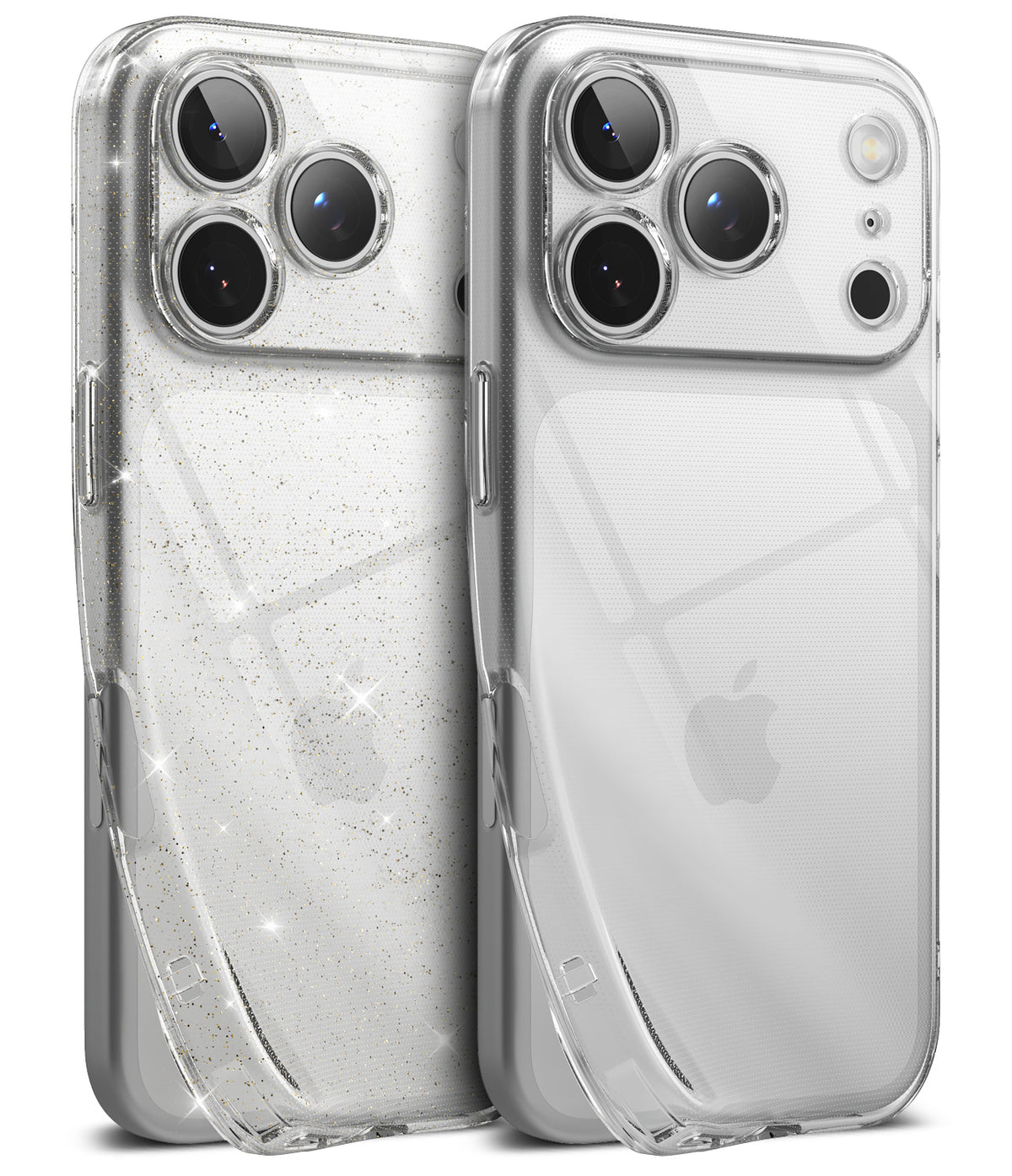 iPhone 17 Pro Case | Air - Two clear iPhone 17 Pro cases, one with glitter and one plain, showing triple camera cutouts.