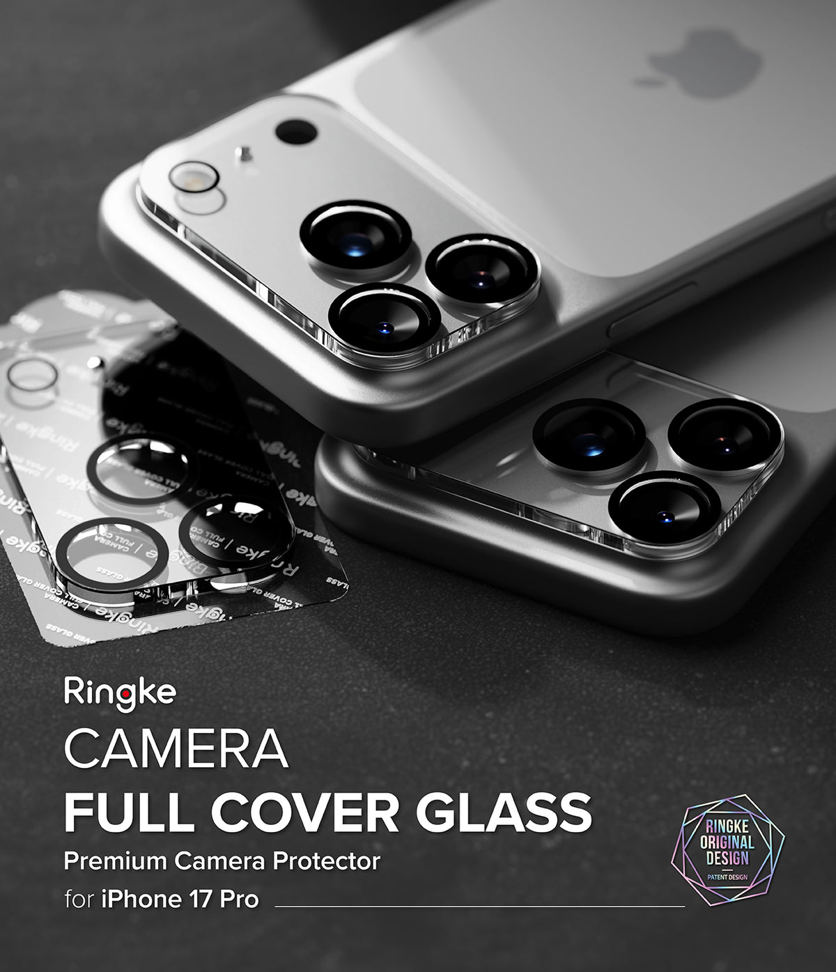 iPhone 17 Pro | Camera Glass - Two silver iPhones with Ringke camera lens protectors applied, next to a spare glass sheet.