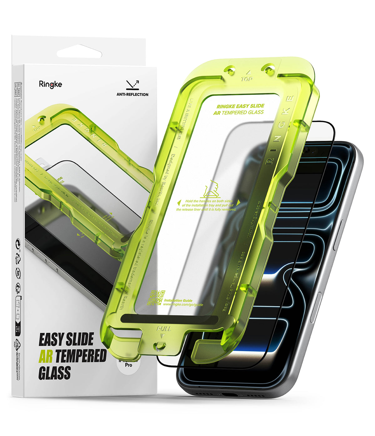 iPhone 17 Pro Screen Protector | Easy Slide AR Tempered Glass - iPhone 17 Pro Screen Protector - Ringke Easy Slide AR tempered glass kit with neon green installation tray and packaging.
