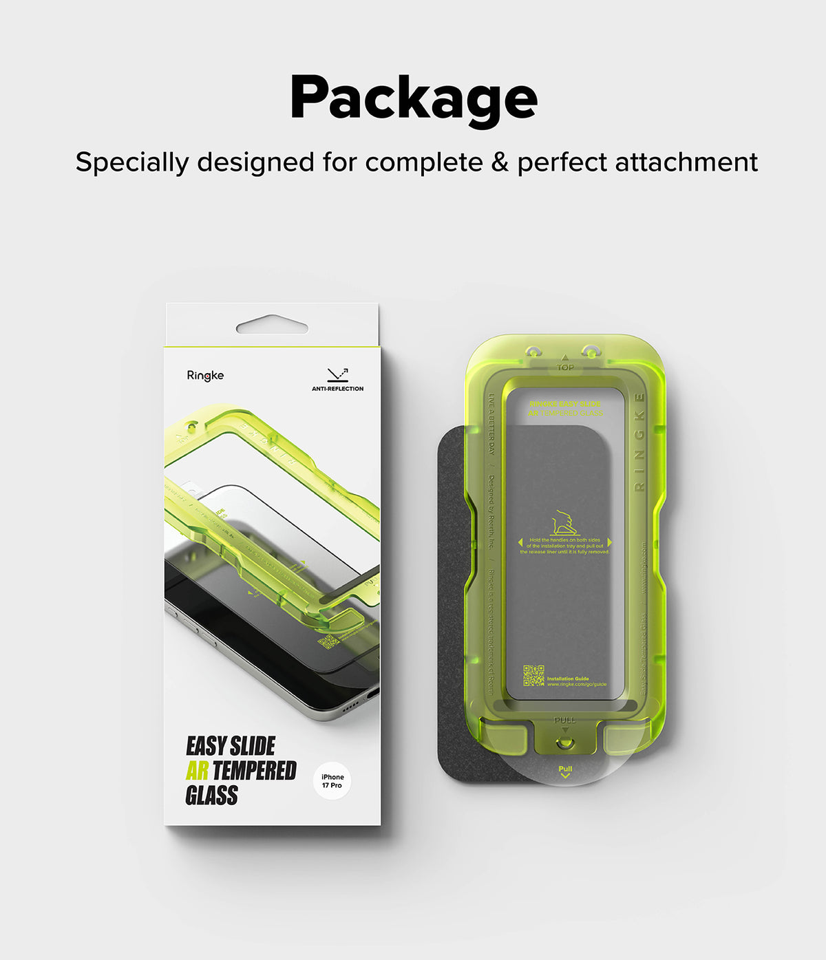 iPhone 17 Pro Screen Protector | Easy Slide AR Tempered Glass - Retail box and green installation tray for screen glass.