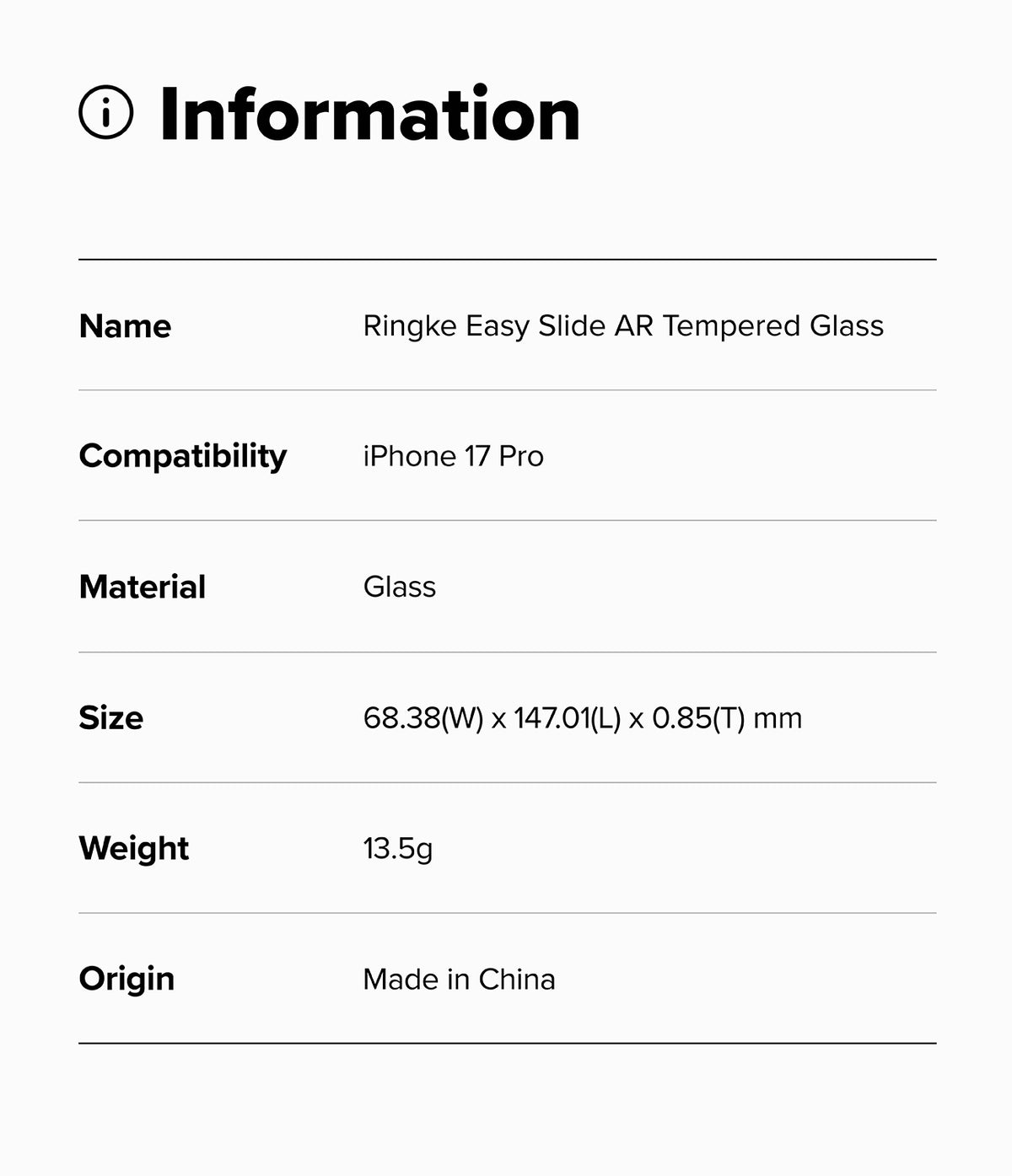 iPhone 17 Pro Screen Protector | Easy Slide AR Tempered Glass - Information table listing product specs for iPhone 17 Pro.