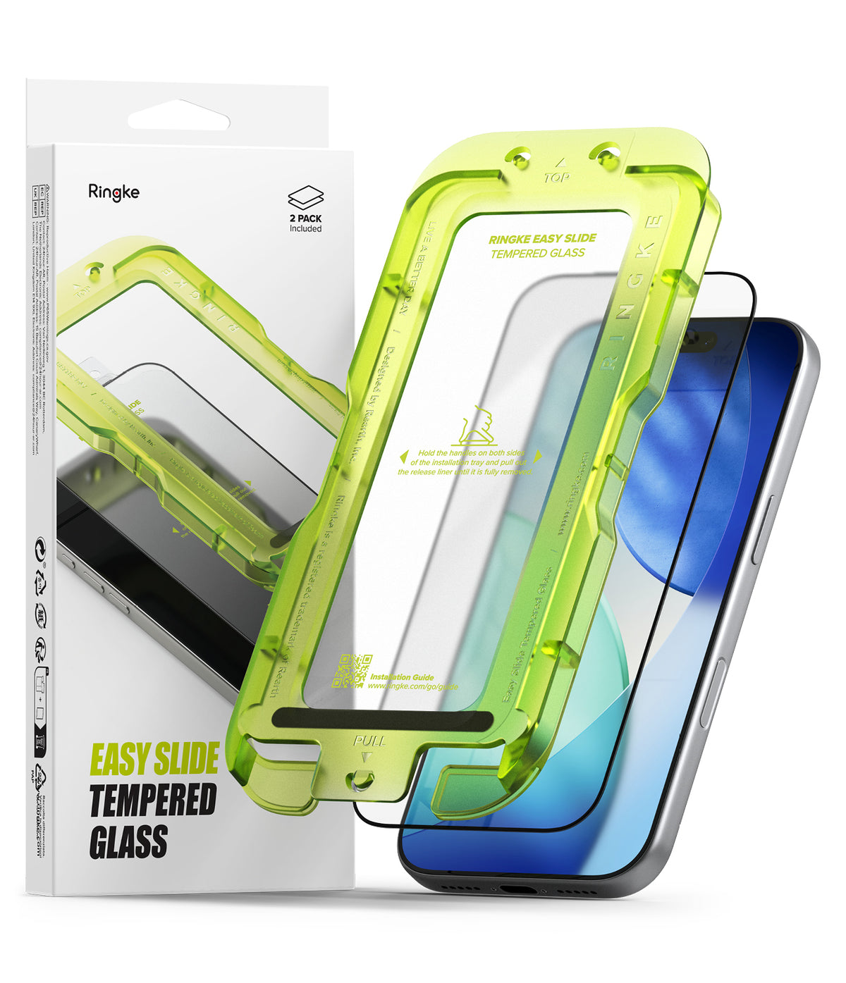 iPhone 17 Pro Screen Protector | Easy Slide Tempered Glass - iPhone 17 Pro Screen Protector - Neon green installation tray with tempered glass screen protector for iPhone 17 Pro.