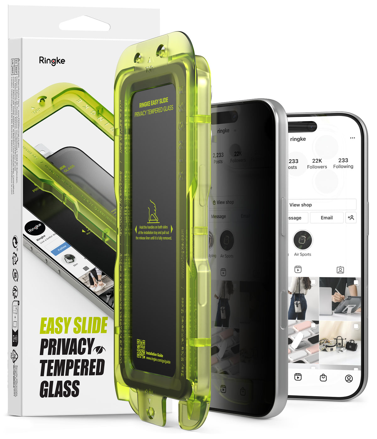 iPhone 17 Pro Screen Protector | Easy Slide Privacy Tempered Glass - iPhone 17 Pro Screen Protector - Bright green installation tray with privacy glass next to two iPhones showing screens.