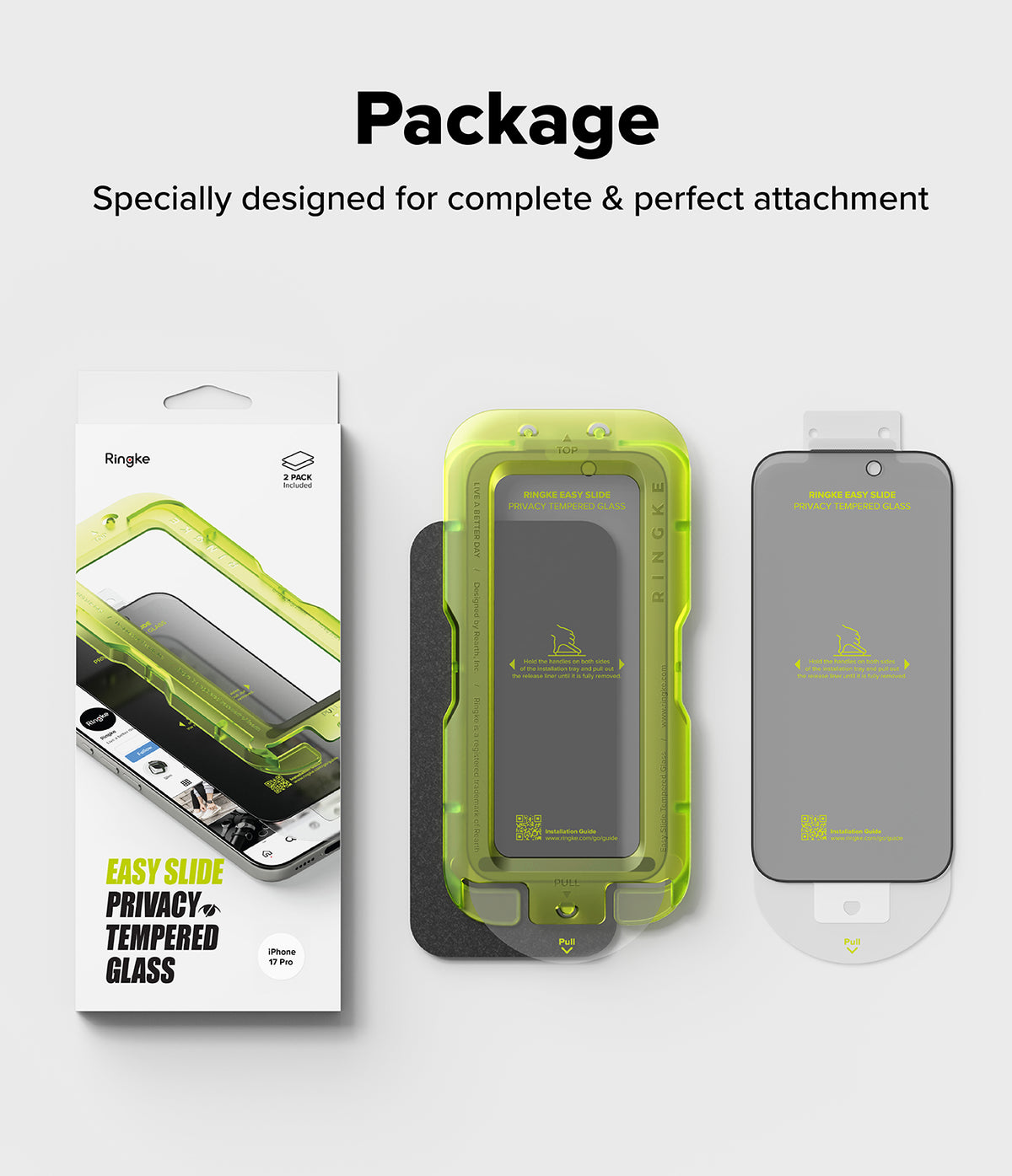 iPhone 17 Pro Screen Protector | Easy Slide Privacy Tempered Glass - iPhone 17 Pro Screen Protector - Packaging, green installation tray, and privacy screen protector for iPhone 17 Pro.