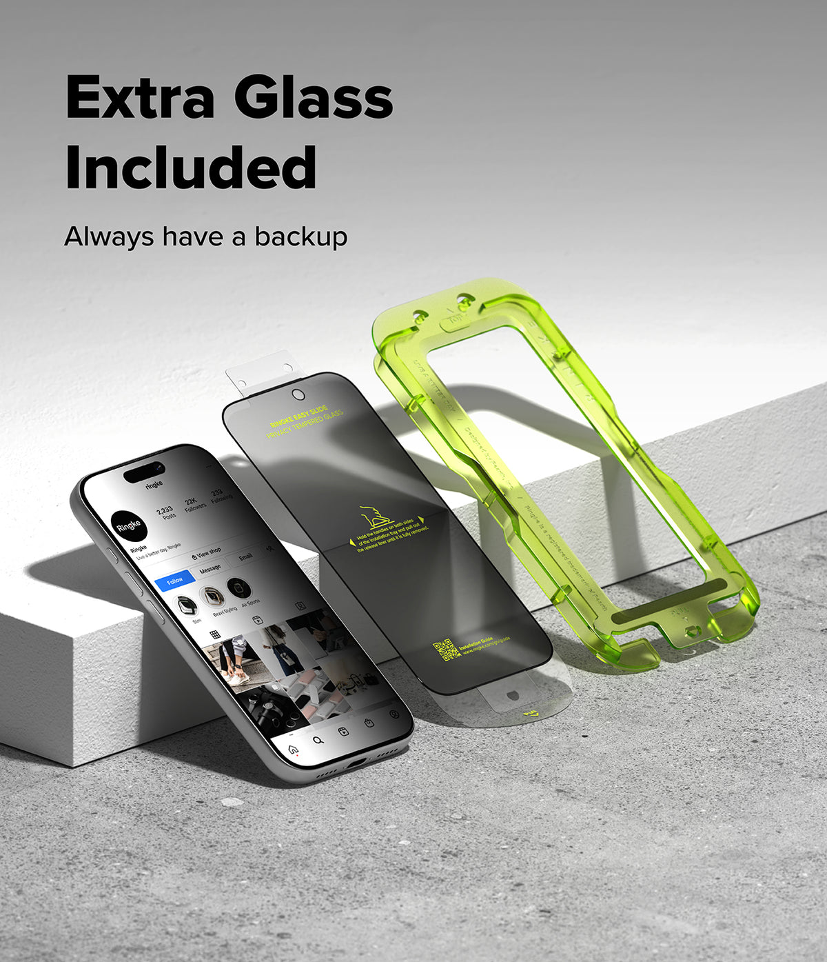 iPhone 17 Pro Screen Protector | Easy Slide Privacy Tempered Glass - iPhone 17 Pro Screen Protector - Smartphone with privacy glass, a spare screen protector, and a green installation frame.
