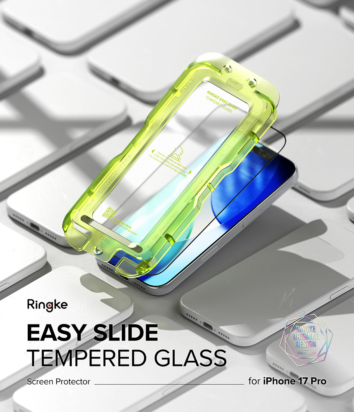 iPhone 17 Pro Screen Protector | Easy Slide Tempered Glass - iPhone 17 Pro Screen Protector - Neon green installation tray hovering over an iPhone 17 Pro surrounded by multiple phones.