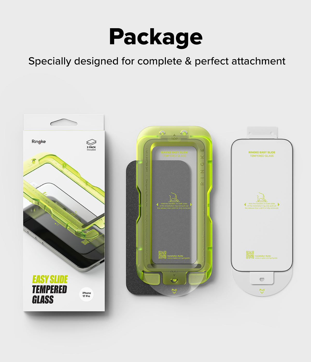 iPhone 17 Pro Screen Protector | Easy Slide Tempered Glass - iPhone 17 Pro Screen Protector - Packaging, green installation tray, and tempered glass screen protector for iPhone 17 Pro.