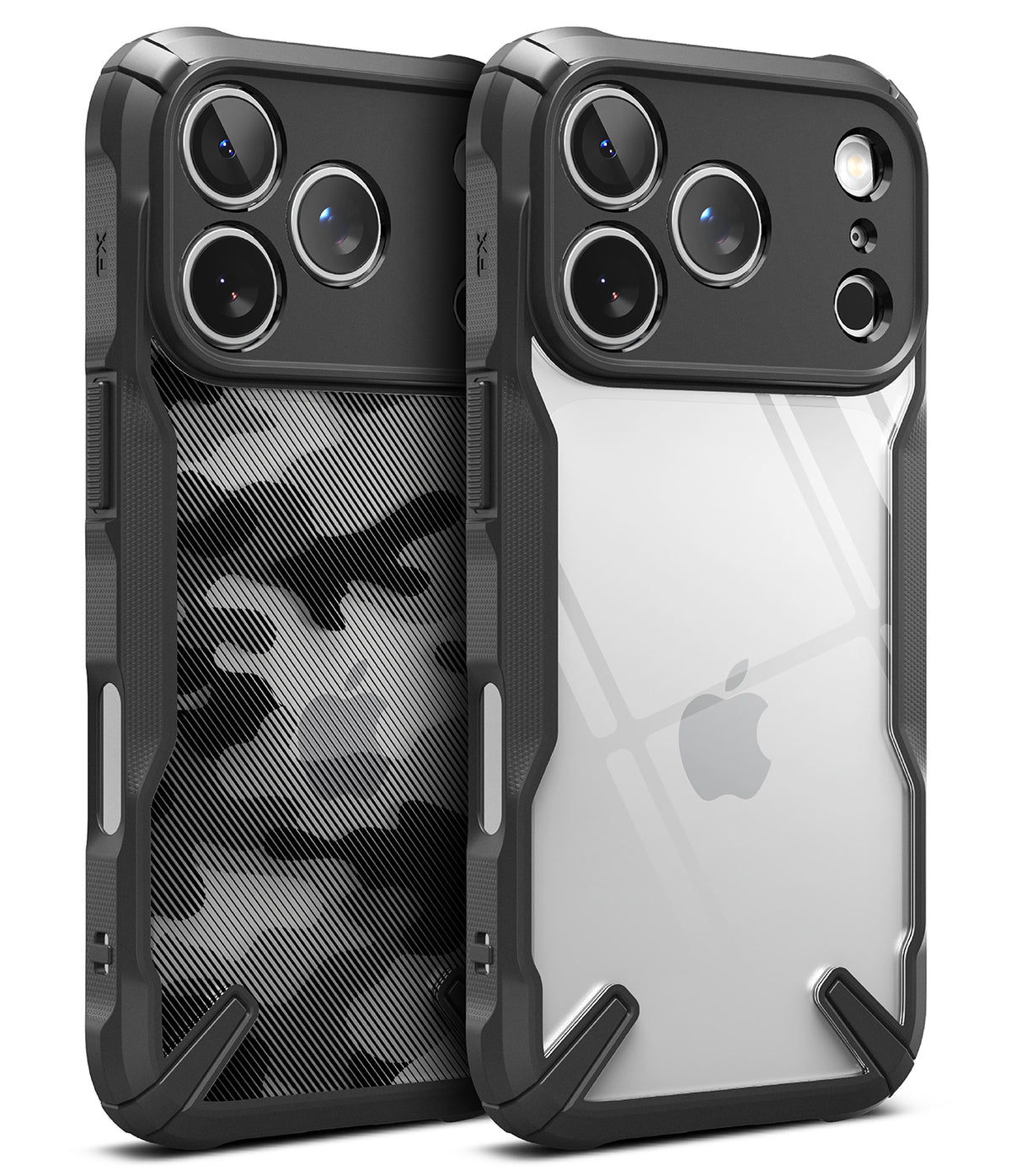 iPhone 17 Pro Case | Fusion-X - Two rugged black phone cases, one with camo pattern and one clear, showing camera and Apple logo.